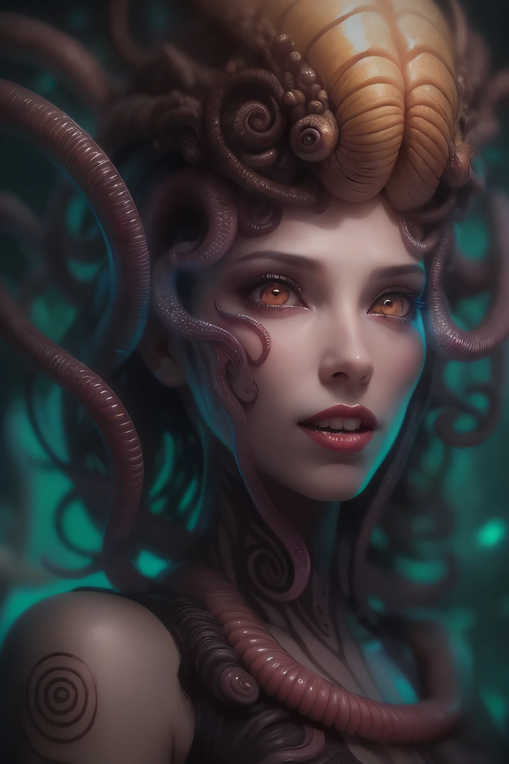 (1 beautiful and obscene female alien:1.4), (There is a female genital-like organ in the middle of her forehead:1.95), She has medusa-like hair, (there are lots of translucent white tentacles from her head like her hair:1.5), (vulgarity1.7), (she is looking down at viewers with glowing orange eyes with no pupils:1.6), (She has crystal clear skin:1.4),(She has the most beautiful face in the history of the universe:1.2), (She has multiple bioluminescent organs on the side of her tentacles:1.4), (Her body is covered with an iridescent exoskeleton:1.4), (She is showing her arm pits:1.6), an evil gaze that seduces, (looking down at viewers:1.4),(Vampire-like long canine teeth can be glimpsed through the gap between the cute lips:1.4) (bio luminescent:1.4), (Smile wickedly:1.3), (sexypose:1.4), alien, No humans, cells are fused, extraterrestrial, cell, bio image, ultra high resolution, (photos realistic:1.7), (Numerous award-winning masterpieces, with incredible detail, textures and maximum detail), Dramatic Lighting, cinematic quality, (exquisite details:1.2), High freshness, drawing faithfully, (Thick eyebrows:1.2), Beautiful eyes with fine symmetry,(Highly detailed face and eyes:1.2),(Super detailed skin quality feeling:1.4), perfect anatomy, (Beautiful toned body:1.5), (Moist skin:1.2), not wearing makeup, (dark circles:1.1), long canines, cinematic drawing of characters, cinematic quality, (exquisite details:1.2), high resolution, High freshness, drawing faithfully, official art, Unity 8K Wall paper, ultra detailed artistic photography, midnight aura, unreal engine 5, Ultra Sharp Focus, art by MUCHA, art by Amano Yoshitaka, ArtGerm, ultra realistic realism, dream-like, Creation of fantasy, dream Snail, (biopunk nautilus:1.3),Thrilling color schemes, seductively smiling, Amazing mutation, well-proportioned body, goddess of the deep sea, fractal, Geometric pattern, impossible figures, subtle emerald green accents, (expression of ecstasy:1.5)