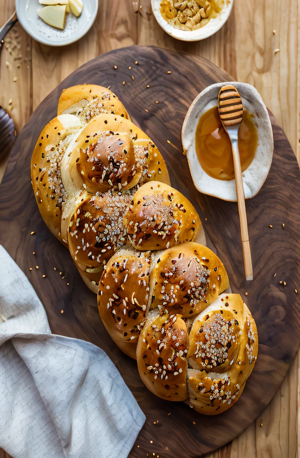 a close up of a loaf of bread on a wooden board with honey, luscious with sesame seeds, voluptuous sesame seed bun, sexy sesame seed buns, breads, loaves, bread, animal - shaped bread, luscious patty with sesame seeds, crispy buns, morning golden hour, honey, 20 years old, 2 0 years old, 5 years old