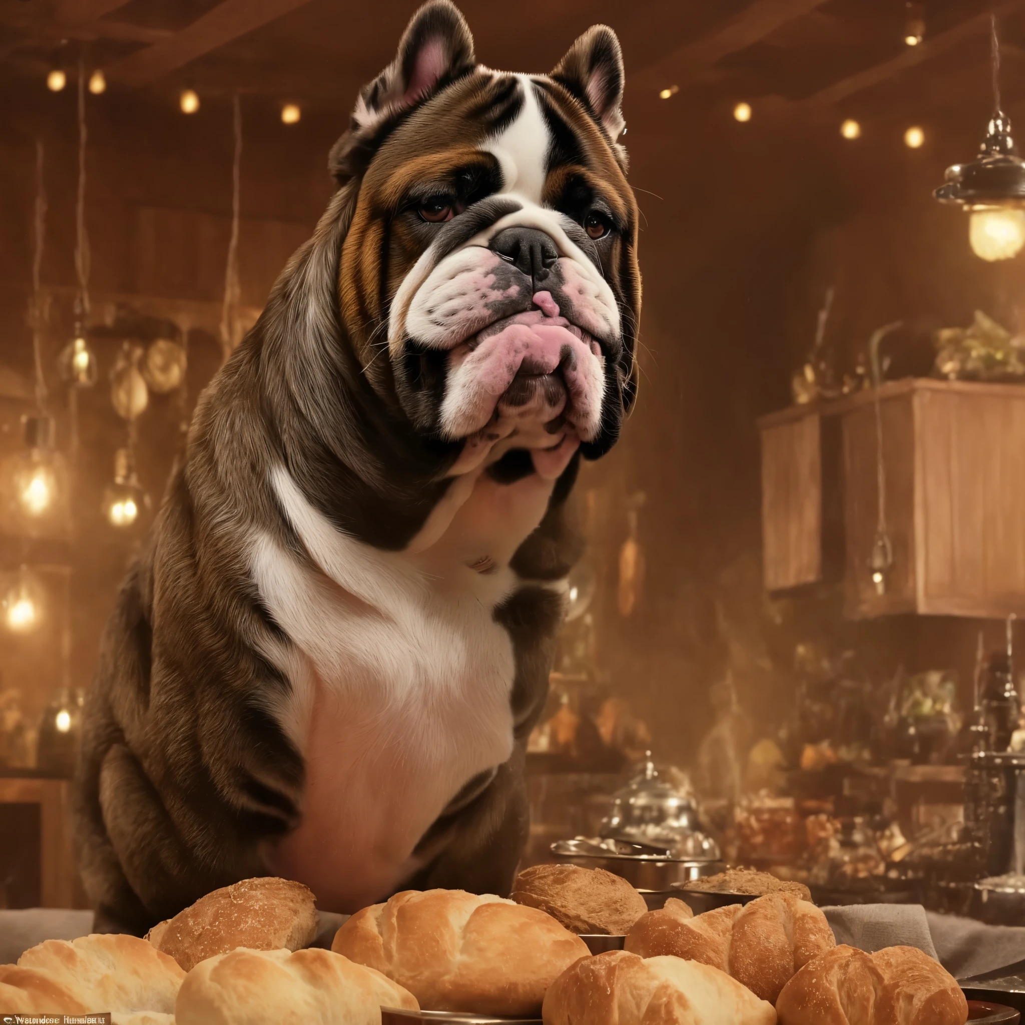 A fantasy cinematic drawing of an english bulldog in a kitchen, making bread while looking at the camera