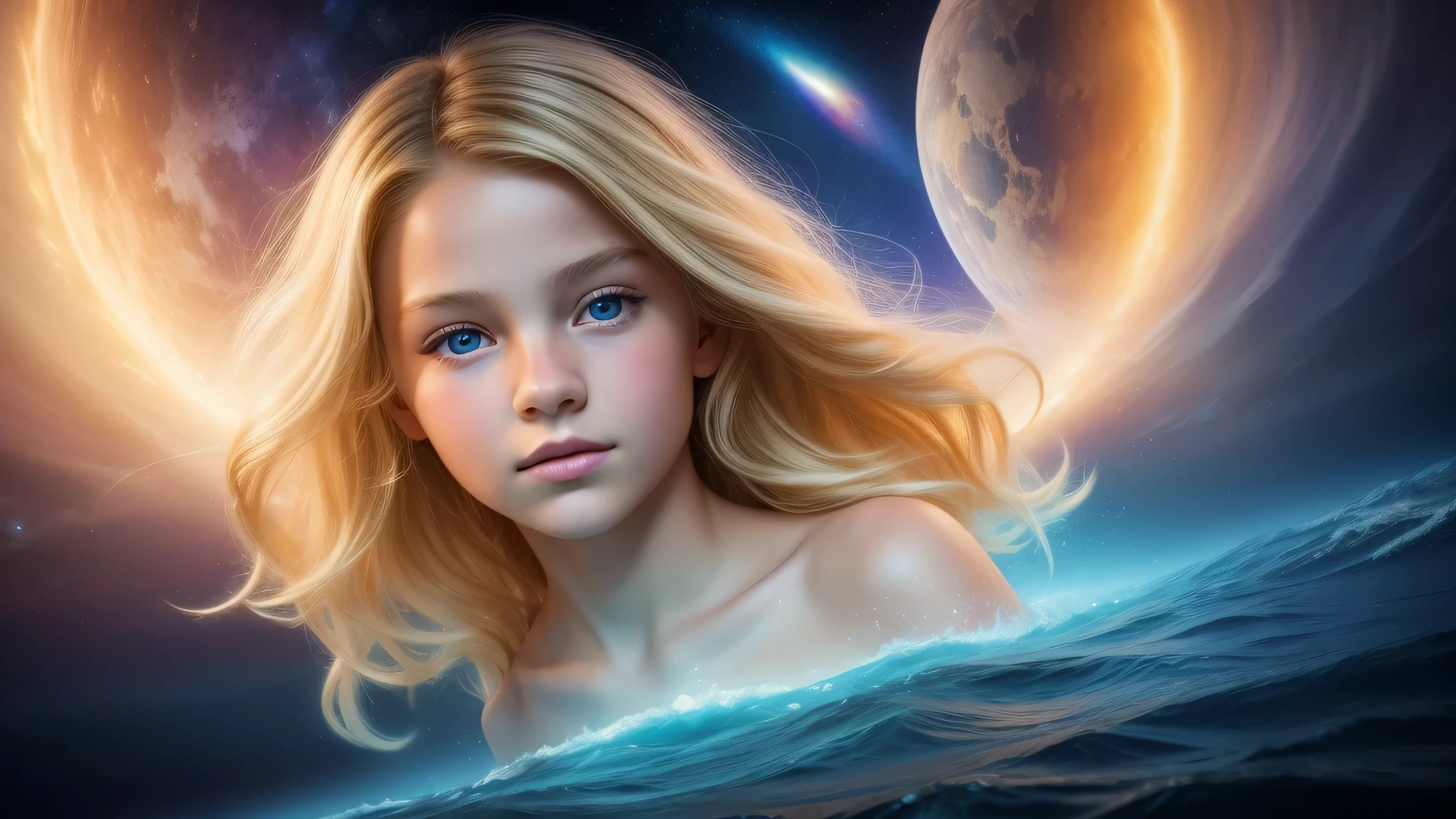 KIDS GIRL BLONDE , portrait, Diving Into The Ether Flowing with The Eternal Soul Through Vibration of love, everything is connected, Flowing energy, Spiritual, divine, dreamlike, cosmic, concept art, mind blowing, feminine beauty, god, pineal gland, dreamlikeart