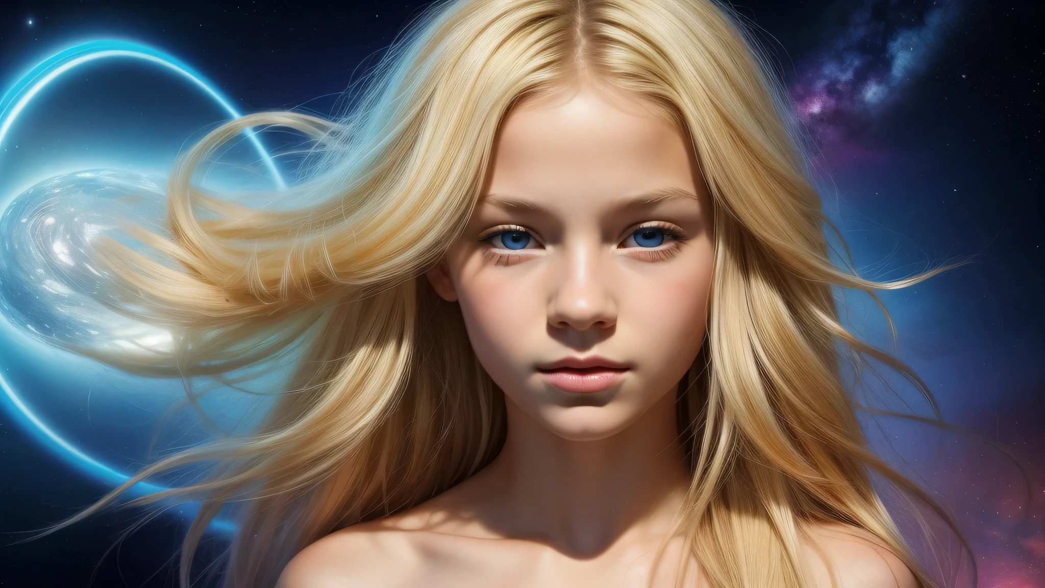 KIDS GIRL BLONDE 12 years old, portrait, Diving Into The Ether Flowing with The Eternal Soul Through Vibration of love, everything is connected, Flowing energy, Spiritual, divine, dreamlike, cosmic, concept art, mind blowing, feminine beauty, god, pineal gland, dreamlikeart