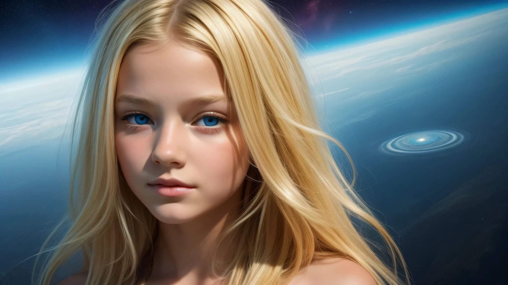 KIDS GIRL BLONDE , portrait, Diving Into The Ether Flowing with The Eternal Soul Through Vibration of love, everything is connected, Flowing energy, Spiritual, divine, dreamlike, cosmic, concept art, mind blowing, feminine beauty, god, pineal gland, dreamlikeart