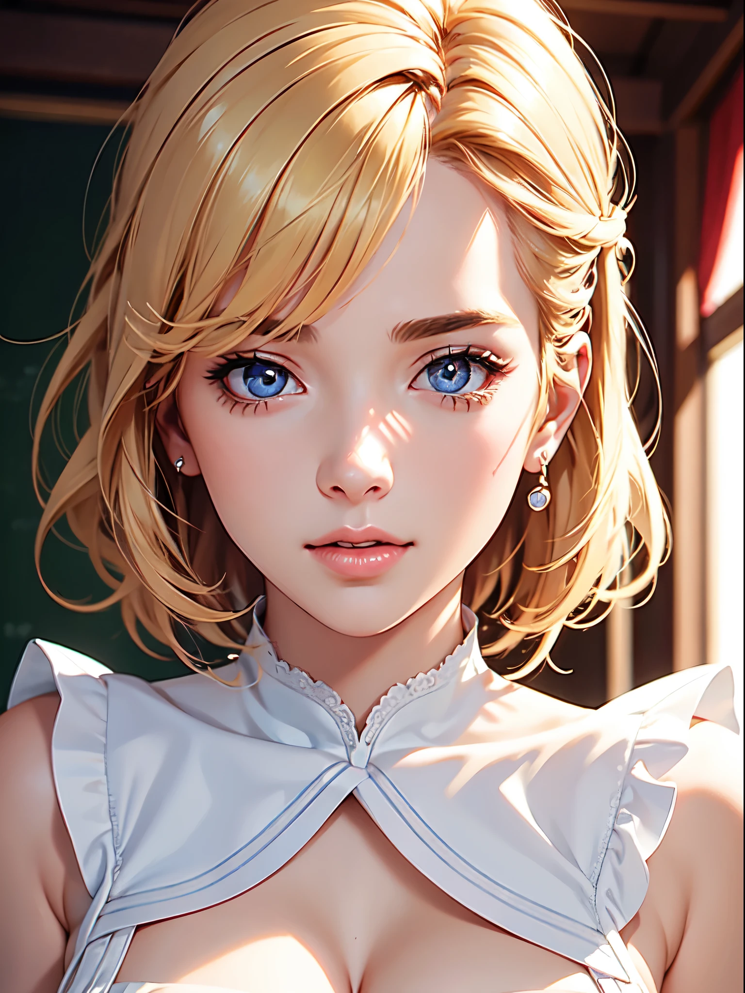 masterpiece, best quality, high quality, High definition, High quality texture, High quality shadow, high detail, beautiful detailed, finely detailed, extremely detailed cg, detailed texture, a realistic representation of the face, realistic, colorful, delicate, Cinematic Light, Ray tracing, sharp focus, (intricate details, makeup, PureErosFace_V1:0.5), (detailed beautiful delicate face, detailed beautiful delicate eyes, a face of perfect proportion, high detailed skin, detailed skin, best ratio four finger and one thumb, close up of upper body, (large breasts), (cleavage), ((Smooth texture, Realistic texture, Photorealistic)), (Detailed beautiful eyes, Beautiful eyelashes, emerald eyes), blonde medium hair, 1 woman, at classroom, ((( sheer white sailor shirt, Sleeveless, Open front))), (Beautiful face, Cute face, Detailed face), (((Sunny))), Perfect Eyes Eyes