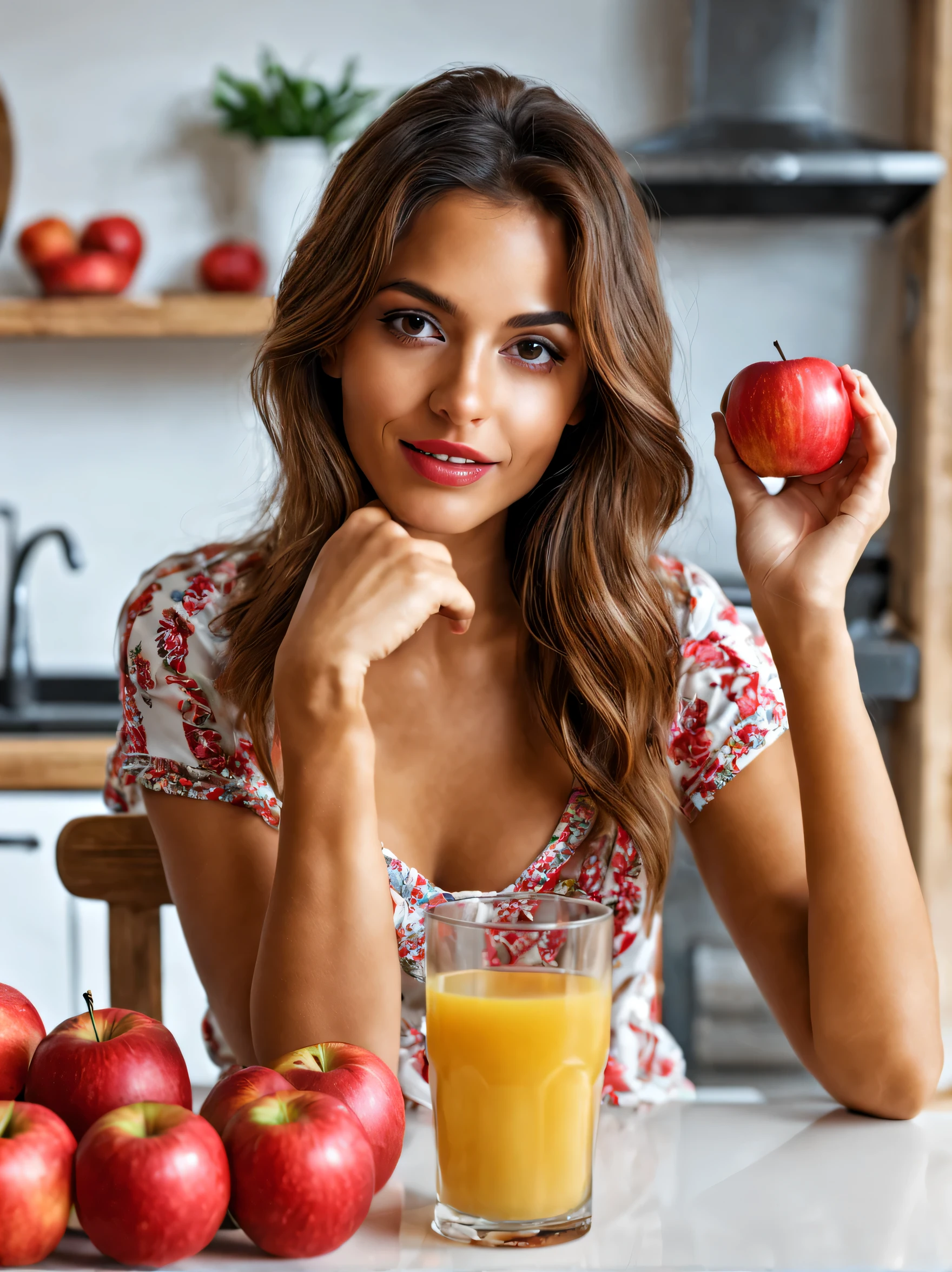 foto realista de uma linda garota brasileira, drink apple juice: 5, rosto perfeito, the girl is sitting on a chair in the kitchen, in front of her on a table we have 3 red apples, Temporary image of Bruna Lombardi, the girl shows satisfaction when drinking this delicious apple juice. imagem com total clareza, 8K ultra-hd, global illumination, blusa decotada:5