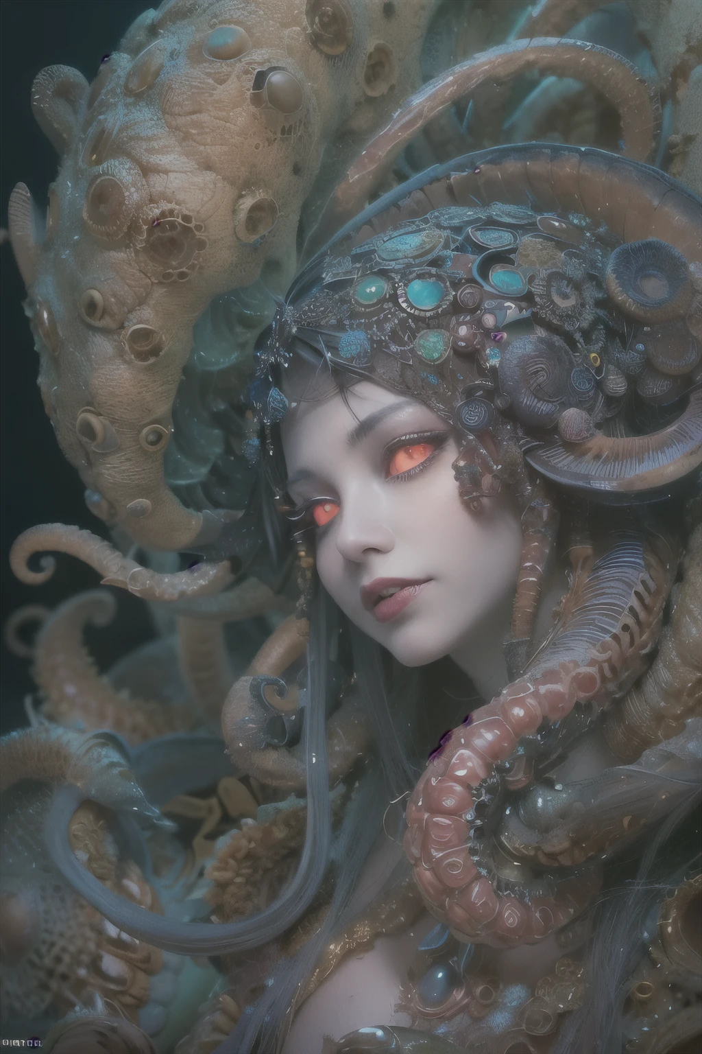 (1 beautiful and obscene female alien:1.4), (There is a female genital-like organ in the middle of her forehead:1.95), She has medusa-like hair, (there are lots of translucent tentacles from her head like her hair:1.5), (vulgarity1.7), (she is looking down at viewers with glowing red eyes with no pupils:1.6), (She has translucent pale skin:1.4),(She has the most beautiful face in the history of the universe:1.2), (She has multiple bioluminescent organs on the side of her tentacles:1.4), (Her body is covered with an iridescent exoskeleton:1.4), (She is showing her arm pits:1.6), an evil gaze that seduces, (looking down at viewers:1.4),(Vampire-like long canine teeth can be glimpsed through the gap between the cute lips:1.4) (bio luminescent:1.4), (Smile wickedly:1.3), (sexypose:1.4), alien, No humans, cells are fused, extraterrestrial, cell, bio image, ultra high resolution, (photos realistic:1.7), (Numerous award-winning masterpieces, with incredible detail, textures and maximum detail), Dramatic Lighting, cinematic quality, (exquisite details:1.2), High freshness, drawing faithfully, (Thick eyebrows:1.2), Beautiful eyes with fine symmetry,(Highly detailed face and eyes:1.2),(Super detailed skin quality feeling:1.4), perfect anatomy, (Beautiful toned body:1.5), (Moist skin:1.2), not wearing makeup, (dark circles:1.1), long canines, cinematic drawing of characters, cinematic quality, (exquisite details:1.2), high resolution, High freshness, drawing faithfully, official art, Unity 8K Wall paper, ultra detailed artistic photography, midnight aura, unreal engine 5, Ultra Sharp Focus, art by Amano Yoshitaka, ArtGerm, ultra realistic realism, dream-like, Creation of fantasy, dream Snail, (biopunk nautilus:1.3),Thrilling color schemes, seductively smiling, Amazing mutation, well-proportioned body, goddess of the deep sea, fractal, Geometric pattern, impossible figures, subtle emerald green accents, (expression of ecstasy:1.5)