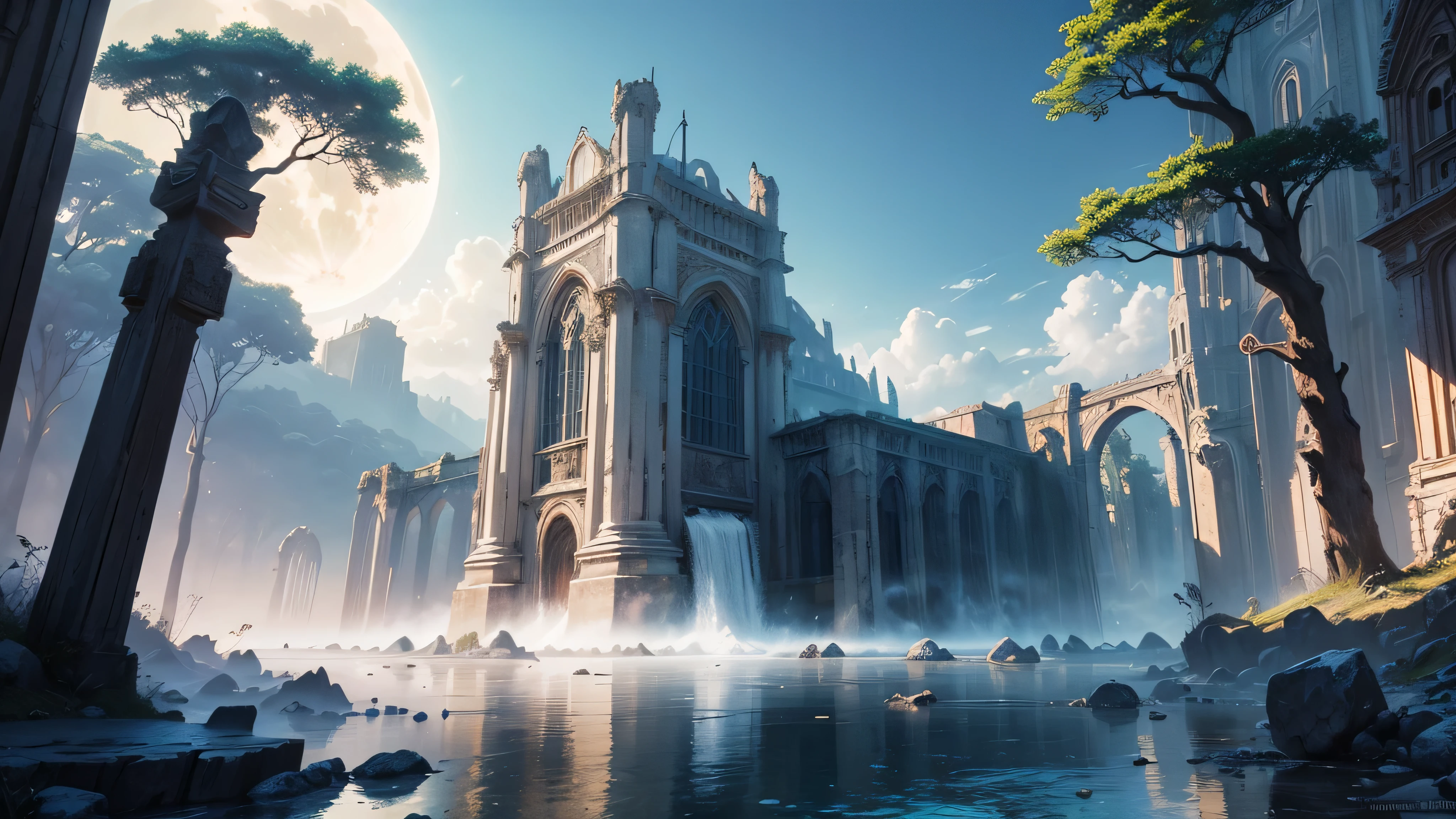 Bela paisagem exuberante, large buildings in ruins, huge ruined bridges, great castles in ruins, templos e colunas antigos e grandes, sky with dense clouds, sol, Lua, floresta com grande, colorful trees, cachoeiras, lindo rio com pedras, campo de profundidade, global illumination, hiper-realista, Efeito vidro quebrado, sem fundo, splendid, algo que nem existe, Being mythical, energia, molecular, Texturas, iridescente e luminescente, breathtaking beauty, pure perfection, Divine Presence, unforgettable, Impressionante, breathtaking beauty, volumetric light, auras, raios, cores vivas refletemlight, auras, raios, cores vivas refletem, aquarela, oil color, trends on artstation, sharp focus, studio photo, detalhes intrincados, altamente detalhado,