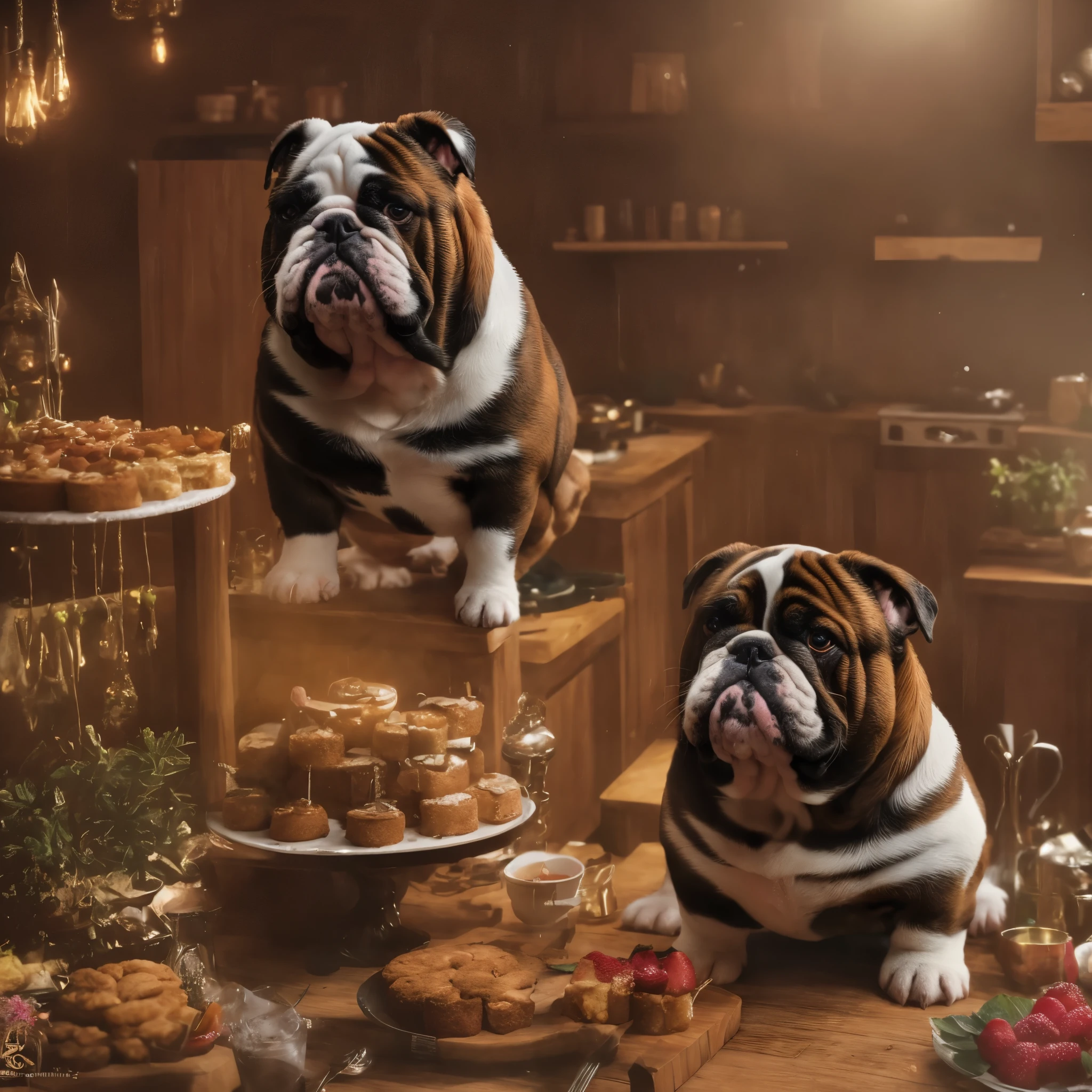 A fantasy cinematic drawing of an english bulldog in a kitchen, making cake while looking at the camera