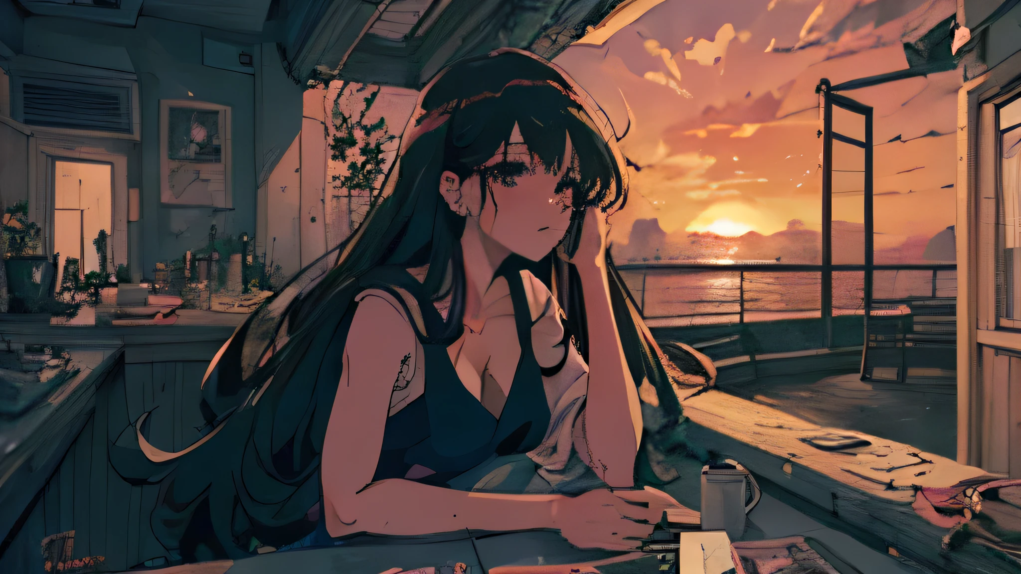 (girl watching the sunset from the window,Admire detailed portraits,Admire the anime art style,I admire hip hop,appreciate art,An admiring atmospheres,feeling of admiration,beautiful portrait,An admiring atmosphere, chillhop, anime atmosphere,admiring colors,Aesthetics of the woman you admire,Watch anime style 4k,Admiring the Arena Aenami style)