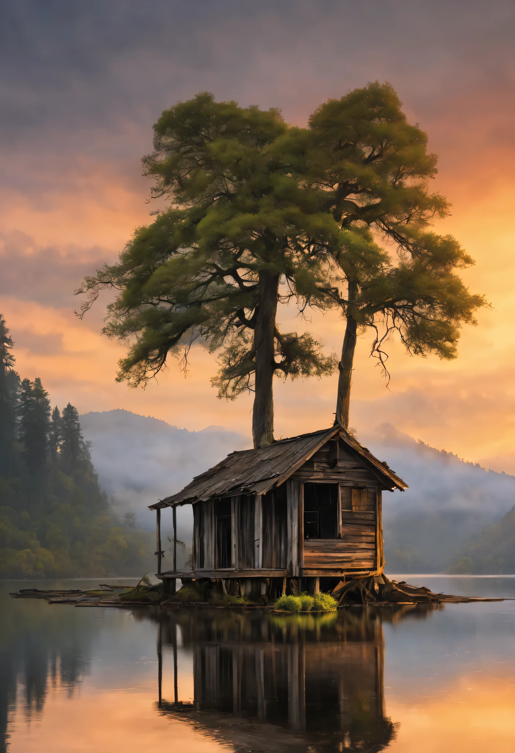photorealist style, ((best quality)), ((photorealistic)), ((detailed)) professional closeup photograph of an old shack on a small island in a lake with old cypress trees covered with low hanging moss and exposed roots, majestic mountains rise in the background at sunset, (thick evening fog)