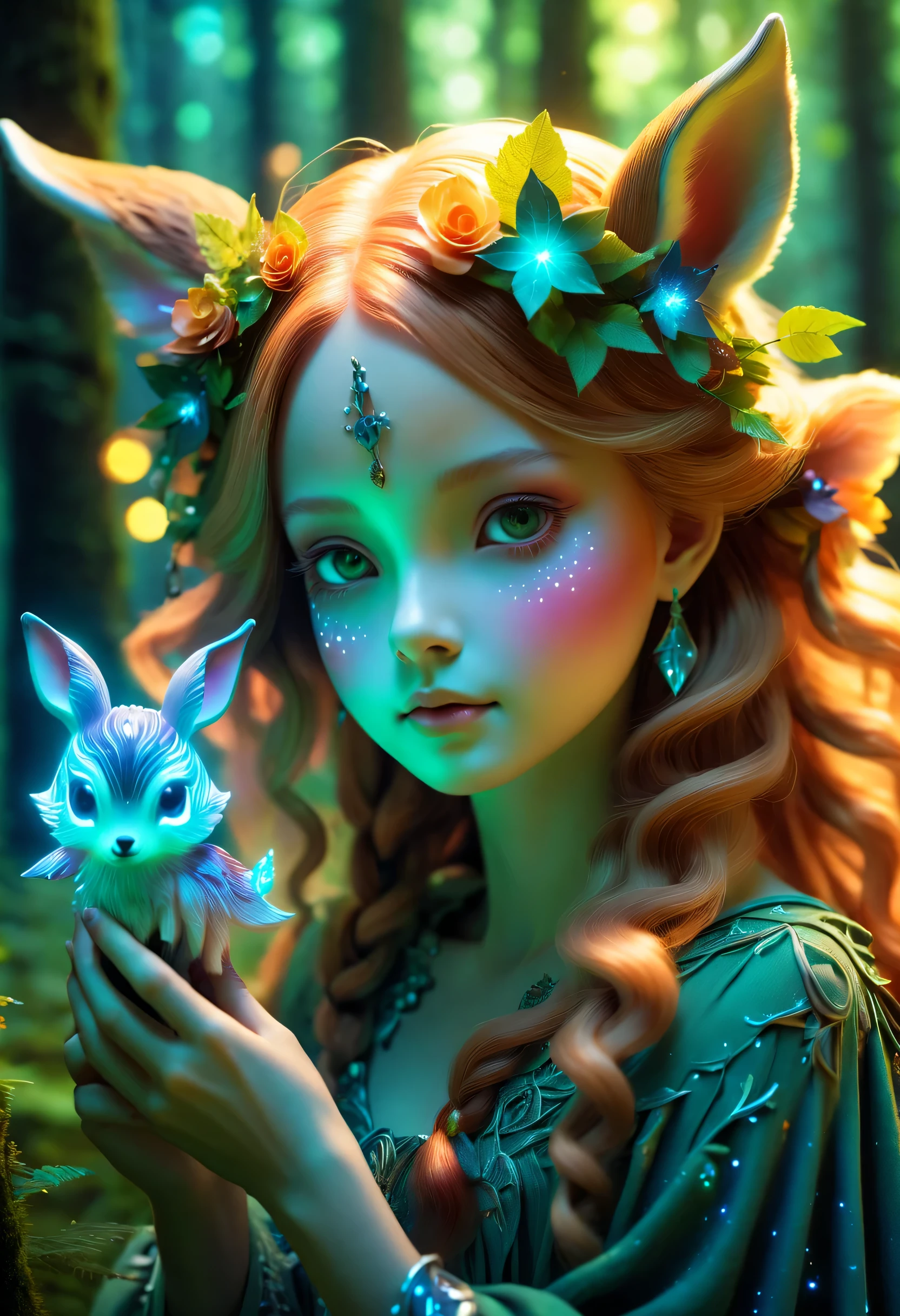 best quality，4K，8k，HD，masterpiece：1.2，super detailed，lifelike：1.37，flash，enchanted forest，magical atmosphere，charming scenery，rich and colorful，（闪闪glow的仙女，queen of the forest，Charming witches，Carefully cast，French formation），Cute fawn，glow，fluorescence，wand casting，装满glow液体的瓶子，ethereal atmosphere