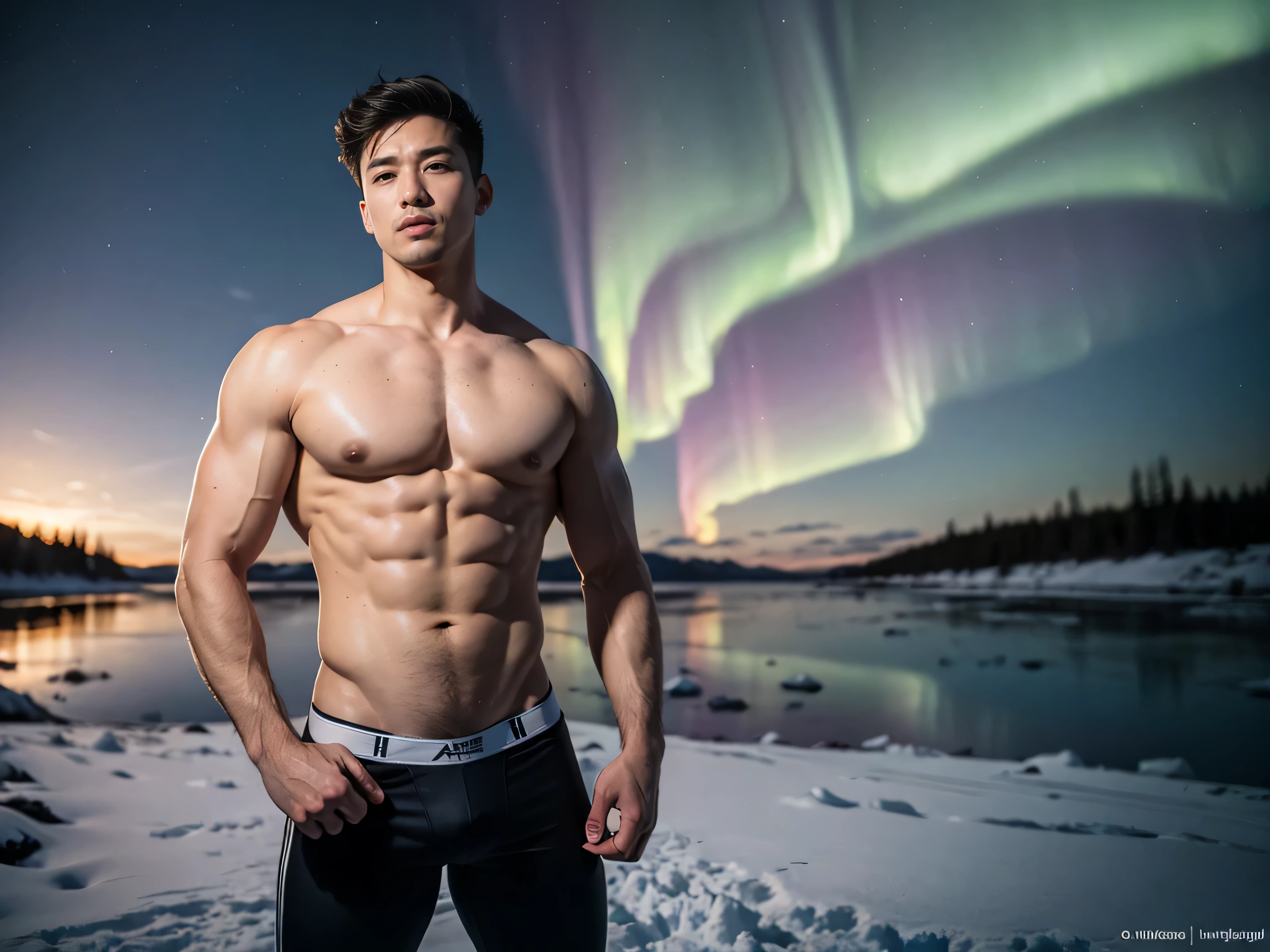 realistic, High-resolution images from the elevated camera Two male Korean engineers (short hair) handsome, stalwart, show his chest, Wear underwear. ((Tight crotch)) In the atmosphere of the northern lights, snow, Arctic in winter