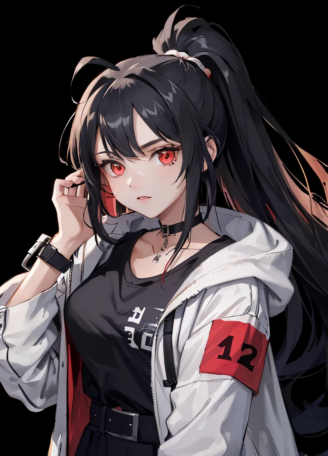 (Masterpiece, Best quality, 1girll, Solo, Intricate details, color difference),
Long hair, Black hair, Messy hair, red highlights, Red eyes,,
choker necklace, Neon shirt, torn legwear, Open jacket,
against a wall, brick walls, scribbles, Dim lighting, alley