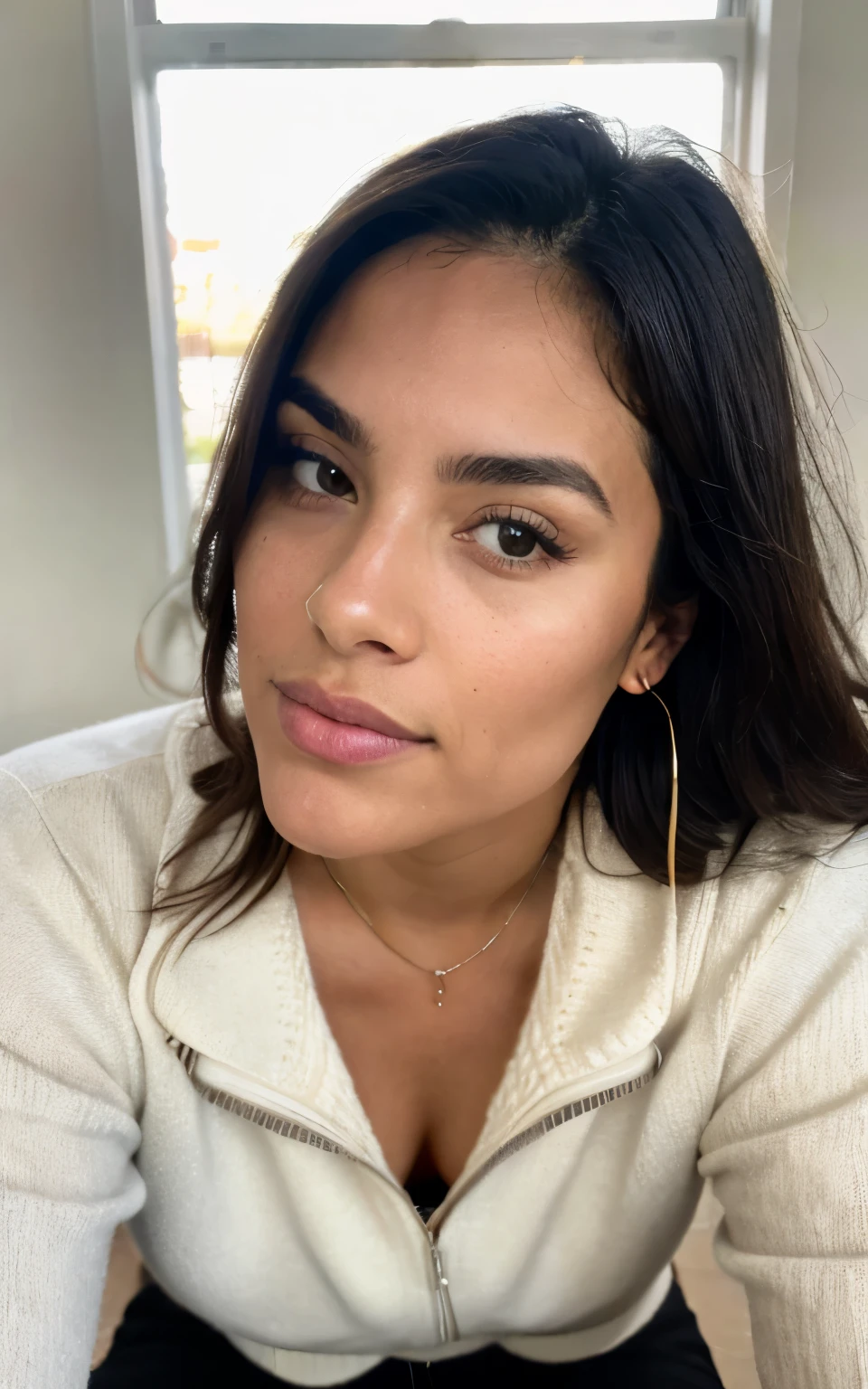 photorealistic, Sharp Focus, raw photo, Amateur photography, Beautiful 29 and.o Hispanic-Spanish girl, Take a selfie, we are panties, oversized sweater, detailed skin pores & Face texture, pores, (goose fat:0.7), dynamic pose, Looking at the viewer, focus on the face, Taken with a mobile camera, granularity