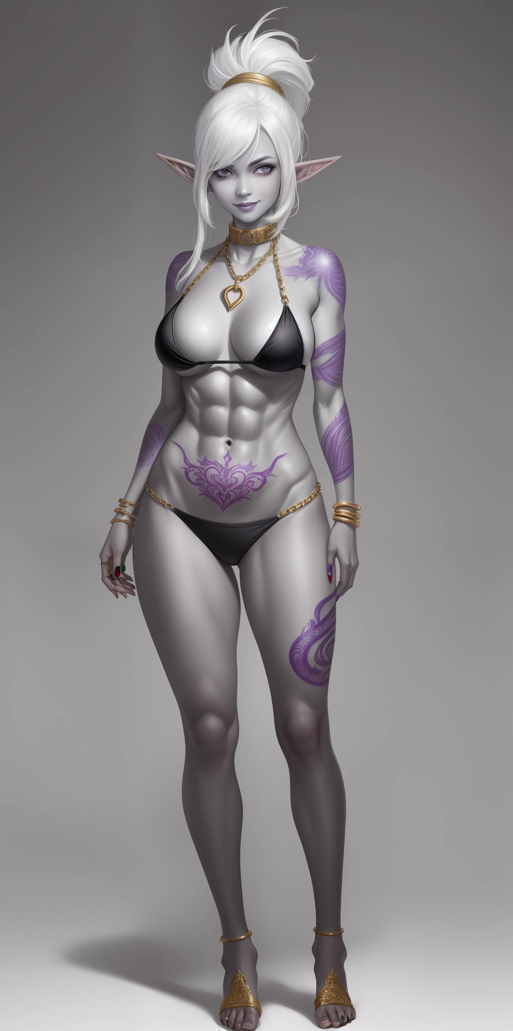 ((1girl)) full body, standing, grey skin, drow, elf, , detailed happy face, purple eyes, white hair, black bikini, abs, big knen chain collar, stomach tattoo (red tattoo)