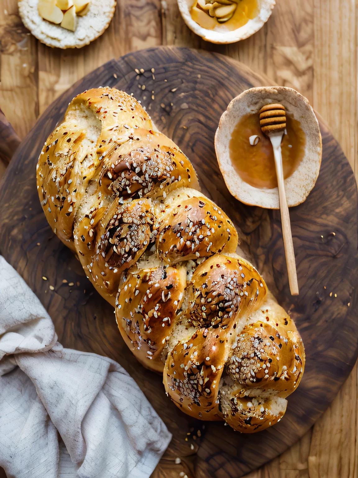 a close up of a loaf of bread on a wooden board with honey, luscious with sesame seeds, voluptuous sesame seed bun, sexy sesame seed buns, breads, loaves, bread, animal - shaped bread, luscious patty with sesame seeds, crispy buns, morning golden hour, honey, 20 years old, 2 0 years old, 5 years old