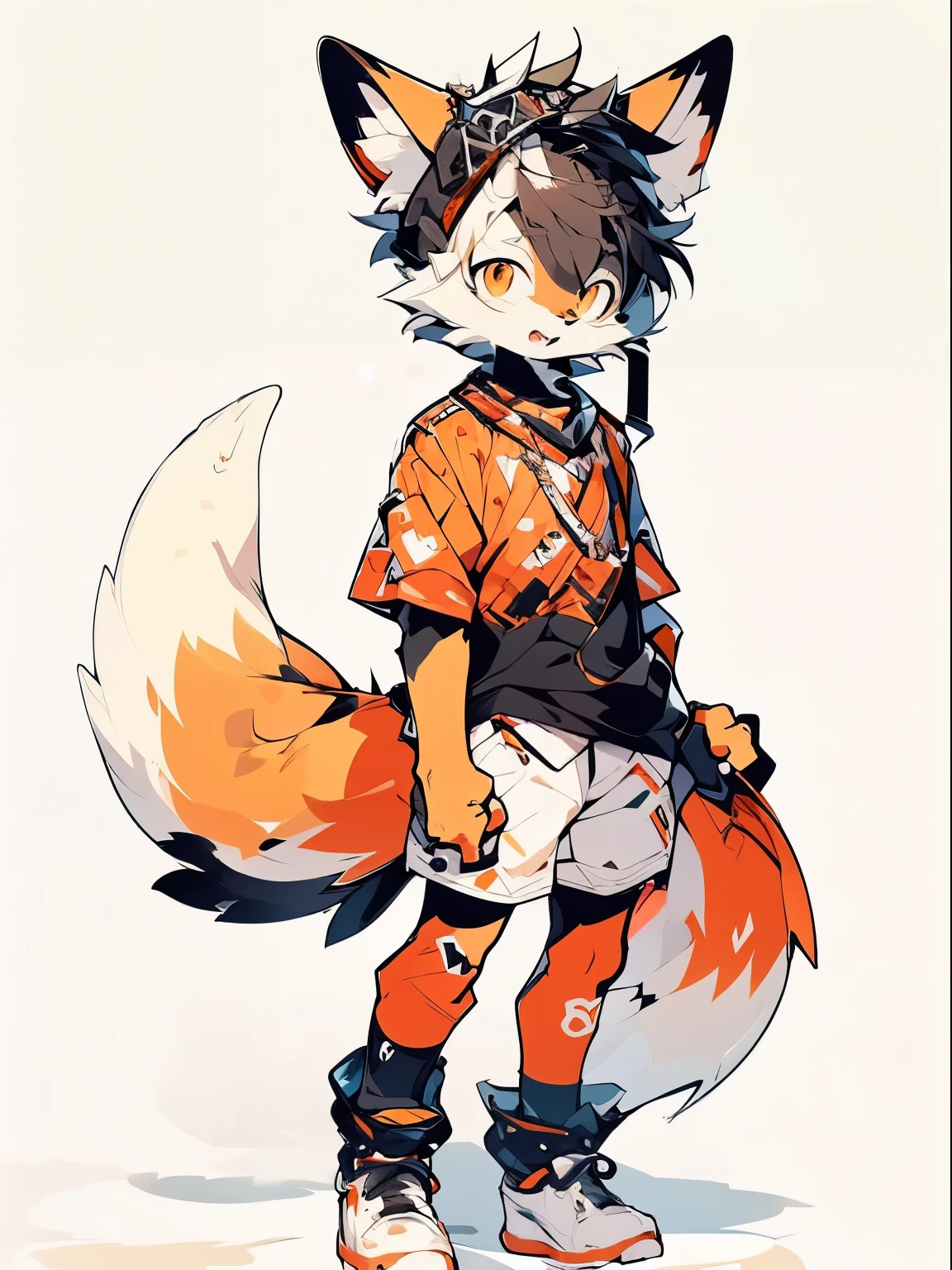 furry fury，orange color狐狸耳朵，（orange color）hair,（orange color）hair，orange color眼仁，（orange color）of the tail，Wear body armor，Shota，With a submachine gun，Wearing modern body armor，military，Detailed war scenes