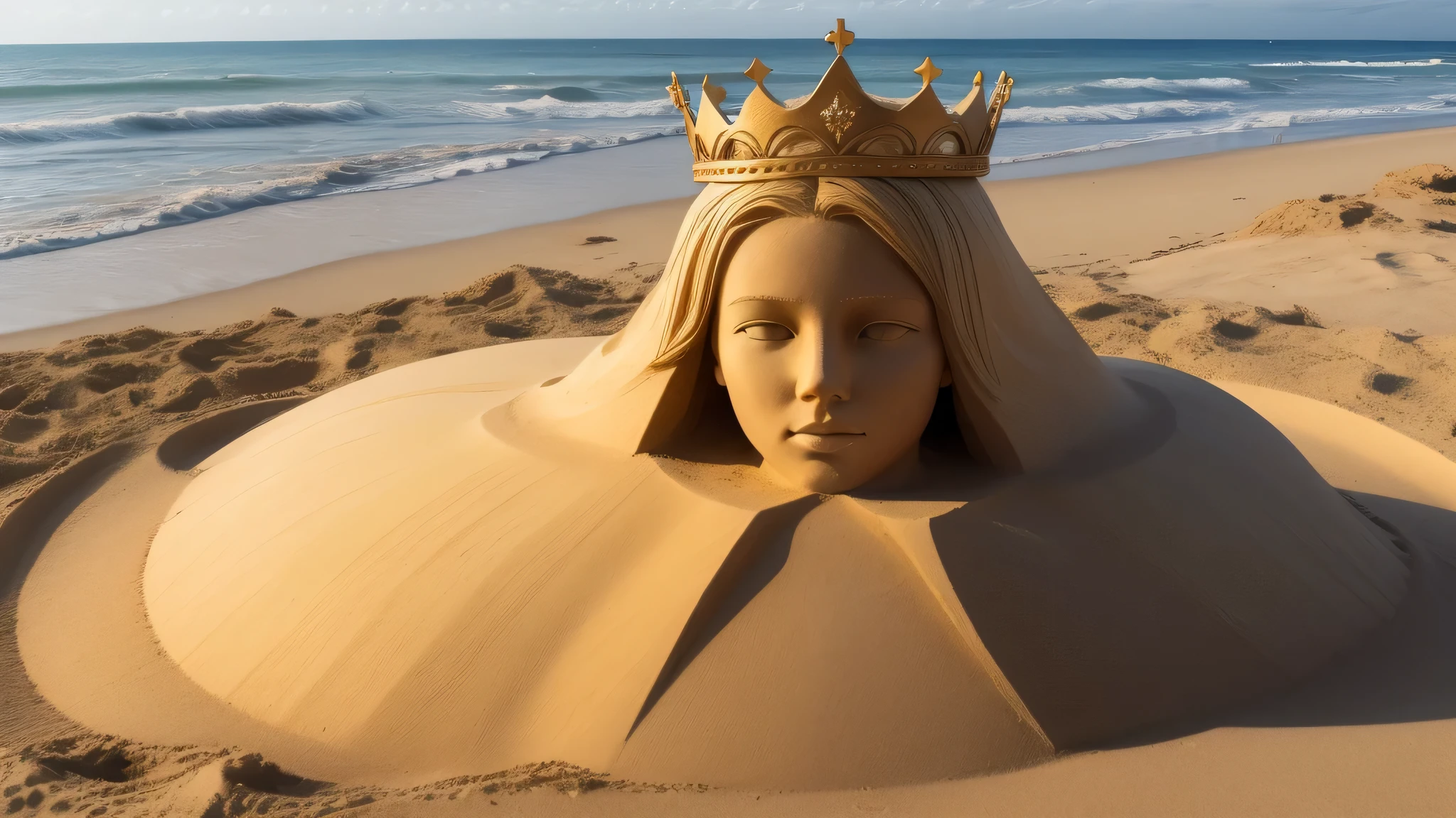 sand sculpture of KIDS GIRL BLONDE 12 years old, portrait, on the beach with a crown of thorns, his body buried in the sand, covered in sand, buried in sand, , sand sculpture, his hands buried in his face, very beautiful masterpiece, beautiful image ever created.