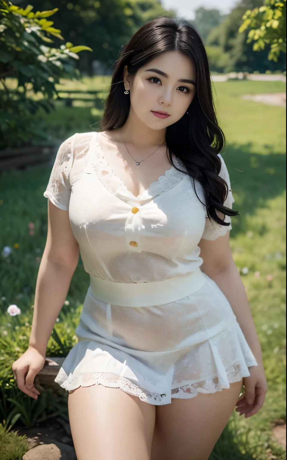 (photorealistic:1.4), (masterpiece, 8k raw photo, best quality:1.4), a woman, 25 years old, beautiful face, pudgy cheeks, (curvy thighs:1.4), white pale skin, long wavy cascading hair, black hair, short sleeve lace blouses o-neck, pleated thight mini skirt, diamond necklace, seductive smile, standing, closed mouth, lens flare, meadow, garden, cool tone, depth of field, full body view