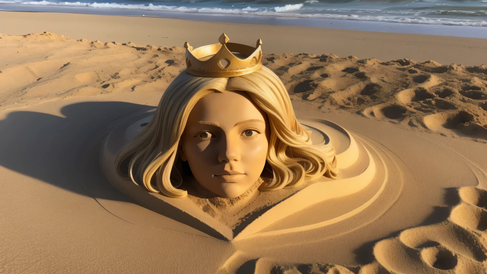 sand sculpture of KIDS GIRL BLONDE , portrait,  on the beach with a crown of thorns, his body buried in the sand, covered in sand, buried in sand, , sand sculpture, his hands buried in his face, very beautiful masterpiece, beautiful image ever created.