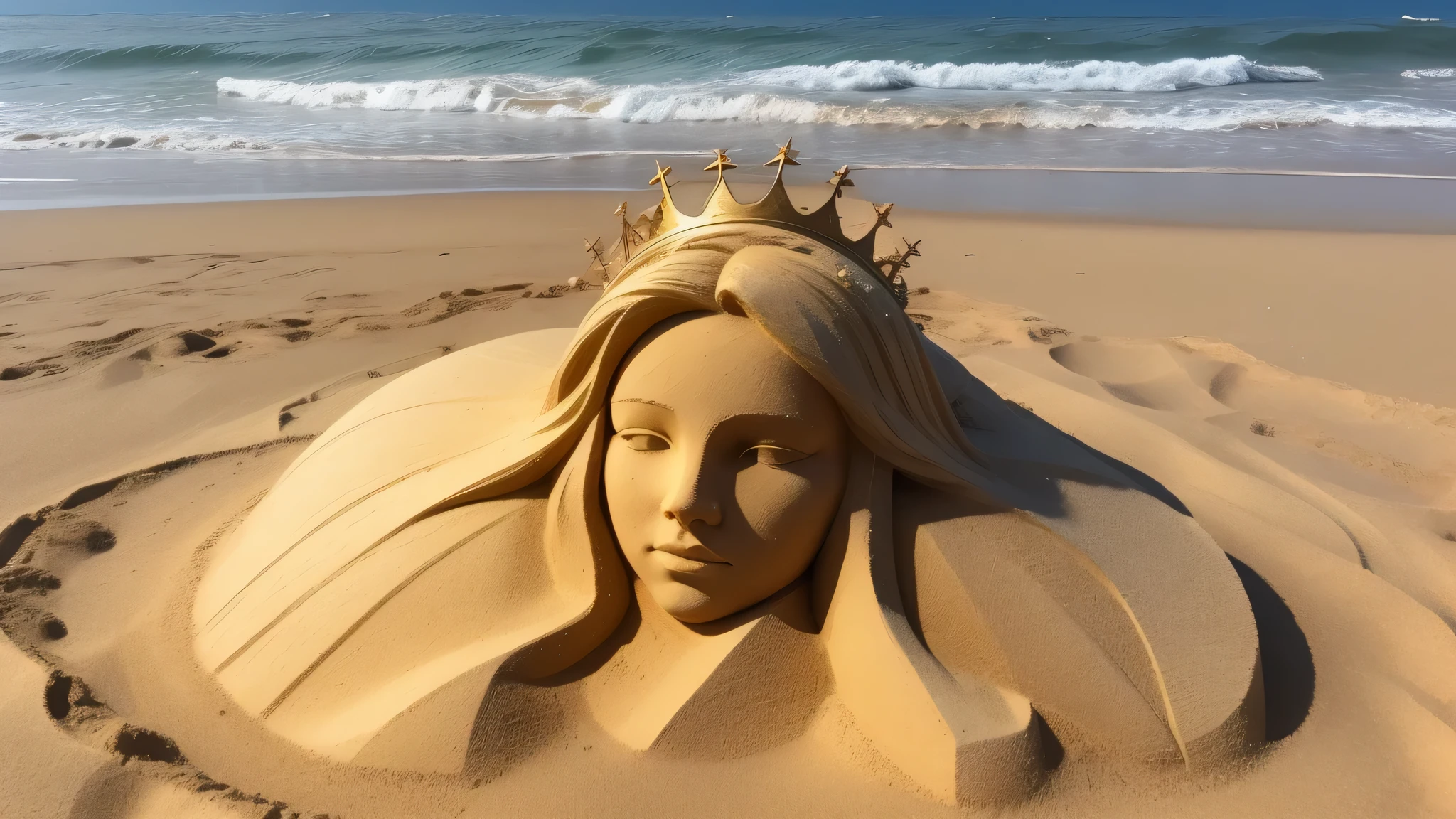 sand sculpture of KIDS GIRL BLONDE 12 years old, portrait, on the beach with a crown of thorns, his body buried in the sand, covered in sand, buried in sand, , sand sculpture, his hands buried in his face, very beautiful masterpiece, beautiful image ever created.