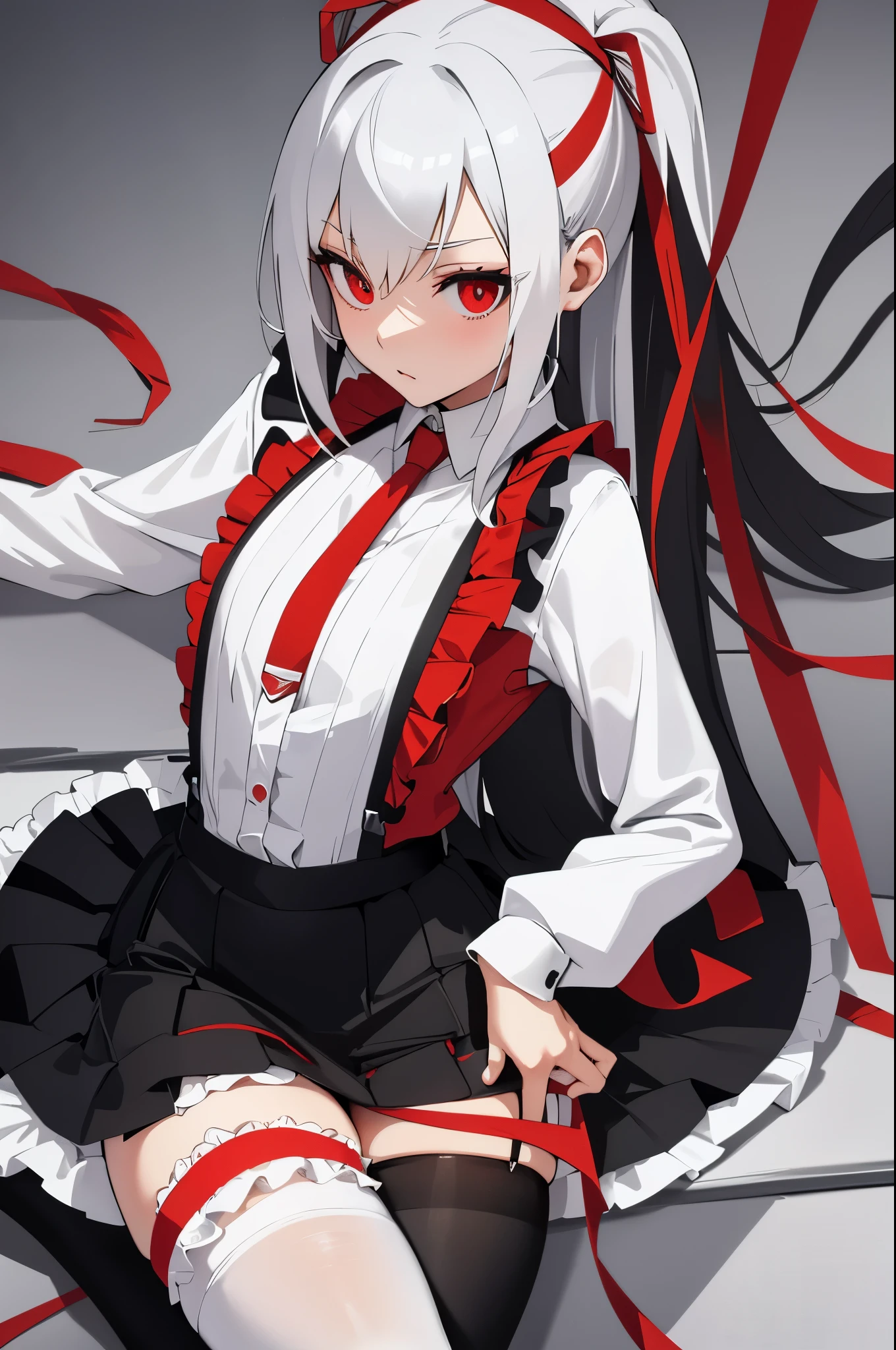 tight white shirt; thin red ribbon around the neck serving as a tie; slim orange sweatshirt; black mid-thigh length skirt; striped stockings, white with black, with ruffles at the top; black garter belt; erotic lingerie; black bra with ruffles; black panties, t-back, with ruffles
