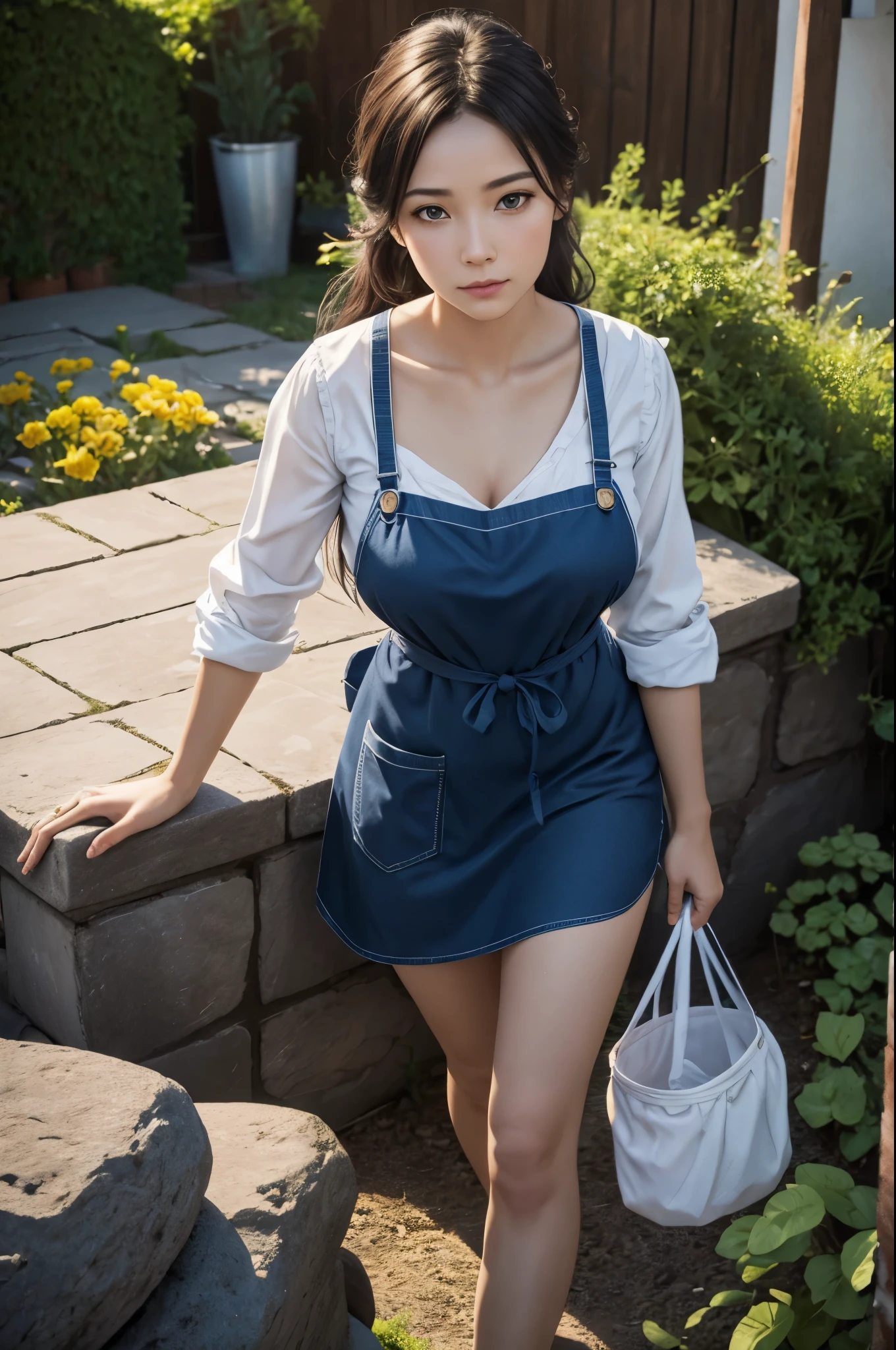 8K,35 year old ordinary housewife,tie hair back,blue and white apron,dry laundry in the garden,sunny,Detached house with garden for ordinary people,Laundry basket,Photorealistic RAW photos of the highest quality。Bright colors,perfect woman image,rich colors, Backlight, cinematic lighting, film grain, to be born, 50mm lens, Nikon D850,realistic skin,golden eyes,fantasy art,character art,ultra high resolution,realistic skin,perspective from above,