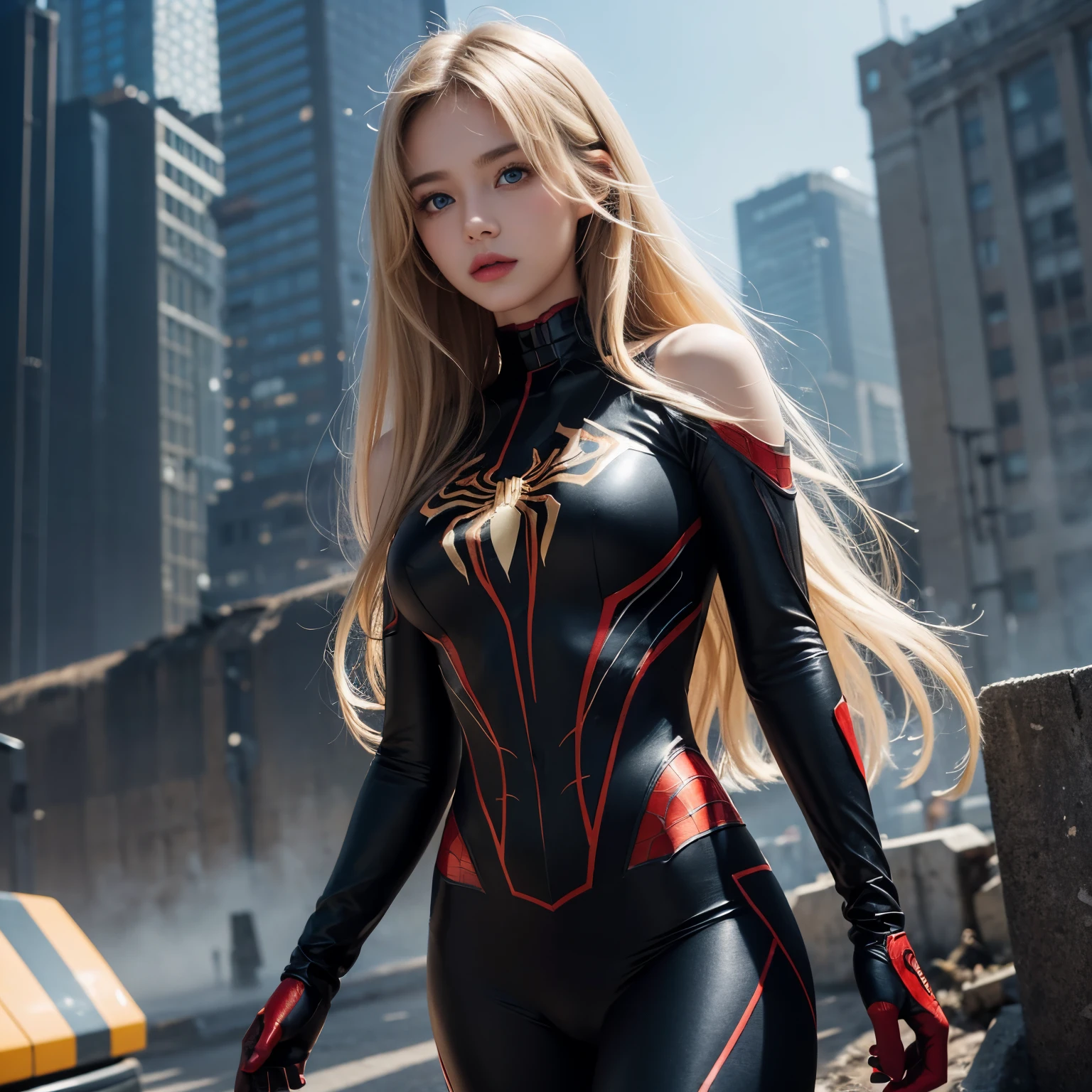 blond haired woman in a pink and white costume sitting on a ledge, ( ( spiderwoman ) ), cyber suit, gwen stacy, inspired by Yanjun Cheng, yanjun chengt, ross tran 8 k, realistic cosplay, spider - gwen, spider-gwen, spider gwen, cybersuit, futuristic style spiderman, perfect android girl, cybersuits