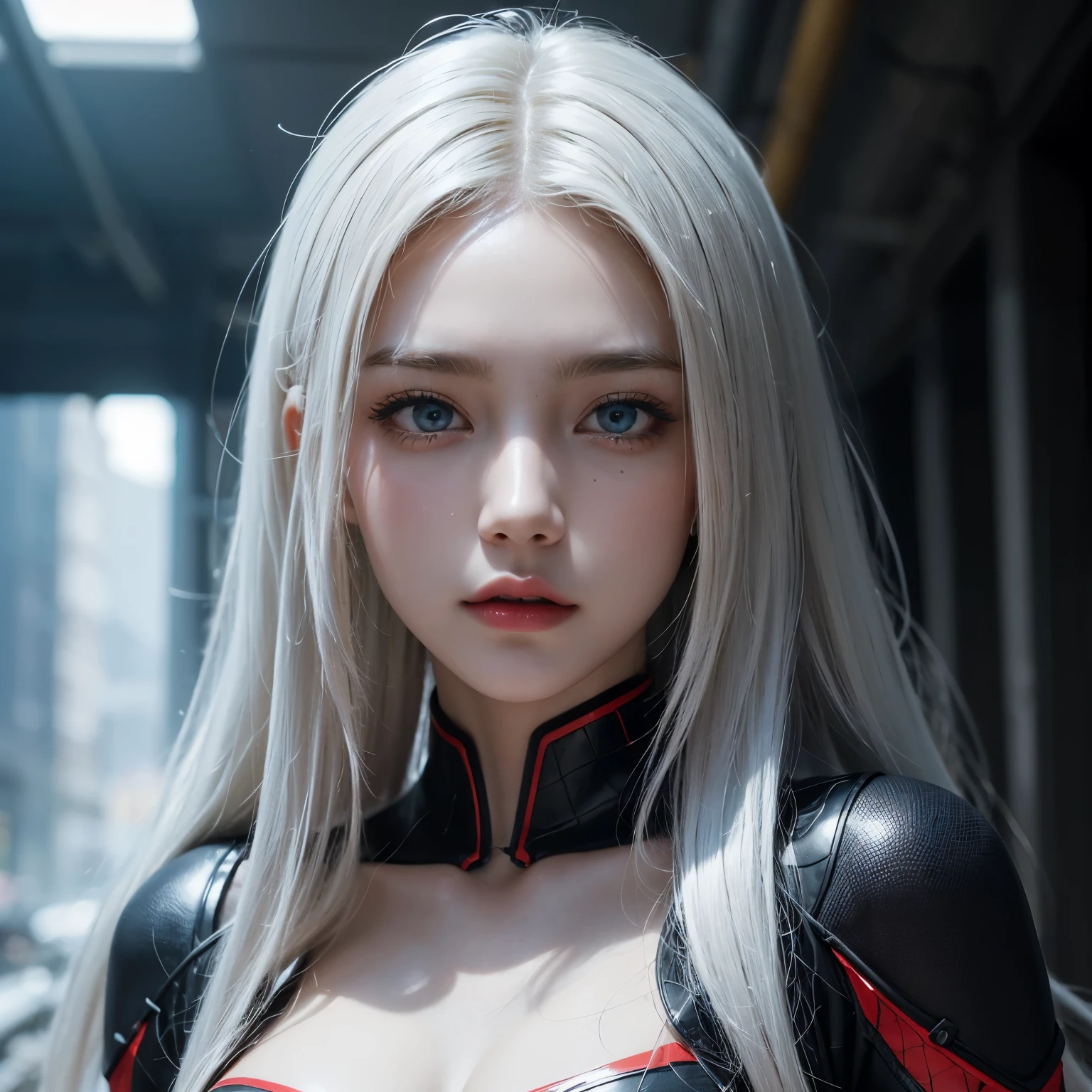 (1girl:1.3), solo, charming Russian model Nata Lee, light blonde hair, (((extremely detailed face))),(((extremely detailed eyes and face))),beautiful detailed eyes,body-parts__, official art, unified 8k wallpaper, super detailed, beautiful and aesthetic, beautiful, masterpiece, best quality, raw, masterpiece, super fine photo, best quality, super high resolution, photorealistic realism, sunlight, full body portrait, amazing beauty,, dynamic pose, delicate face, vibrant eyes, (from the front), she is wearing a Spider-man suit, red and black color scheme, spider, very detailed abandoned warehouse background, Detailed face, detailed complex busy background, messy, gorgeous, milky white, highly detailed skin, realistic skin details, visible pores, sharp focus, volumetric fog, 8k uhd, DSLR, high quality, film grain, fair skin, photo realism, lomography, huge metropolis in future dystopia, seen from below, translucent, white hair