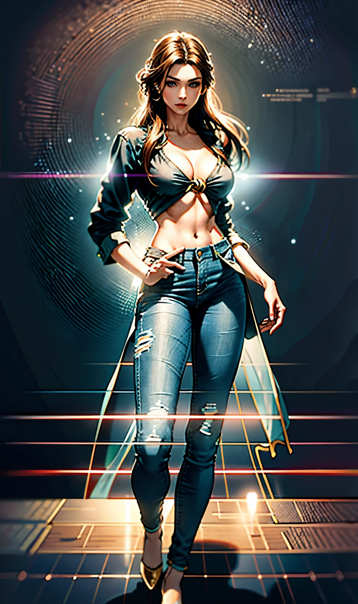 A woman with light brown long hair, a delicate face, a blank look in her eyes, a slender and firm dancer's figure, a fantasy-realistic style outfit, she ties a French shirt at her chest, revealing her graceful waistline, she wears tight jeans on her lower body, a flowing skirt is gracefully tied around her waist, she walks leisurely in a fantasy-style town, this character embodies a finely crafted fantasy-realistic style female dancer in anime style, exquisite and mature manga art style, beautiful woman, high definition, best quality, highres, ultra-detailed, ultra-fine painting, extremely delicate, professional, anatomically correct, symmetrical face, extremely detailed eyes and face, high quality eyes, creativity, RAW photo, UHD, 8k, Natural light, cinematic lighting, masterpiece-anatomy-perfect, masterpiece:1.5