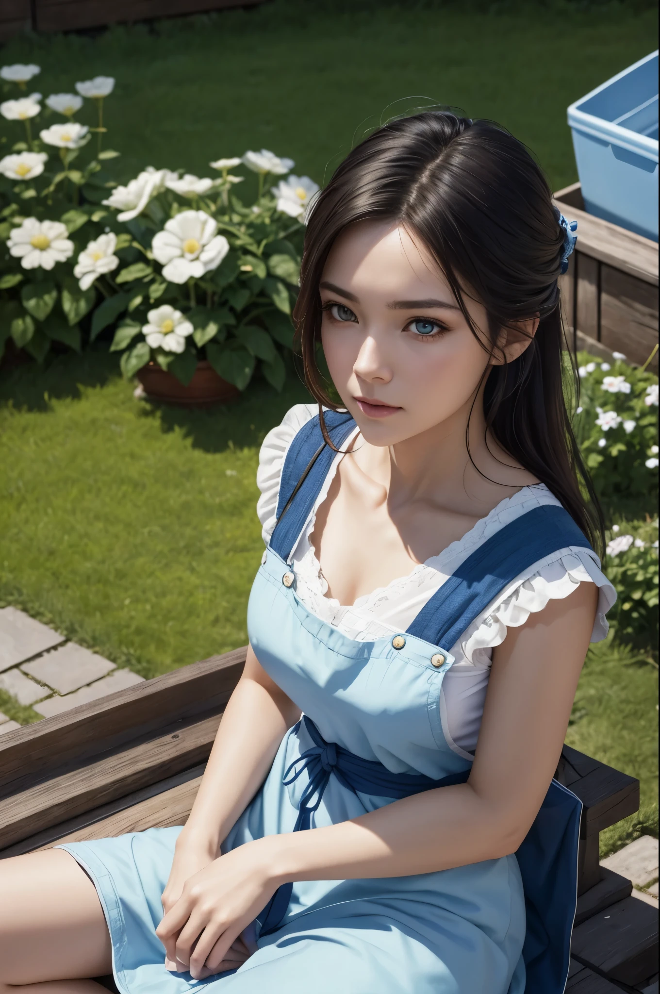 8K,35 year old ordinary housewife,tie hair back,blue and white apron,dry laundry in the garden,sunny,Detached house with garden for ordinary people,Laundry basket,Photorealistic RAW photos of the highest quality。Bright colors,perfect woman image,rich colors, Backlight, cinematic lighting, film grain, to be born, 50mm lens, Nikon D850,realistic skin,golden eyes,fantasy art,character art,ultra high resolution,realistic skin,perspective from above,