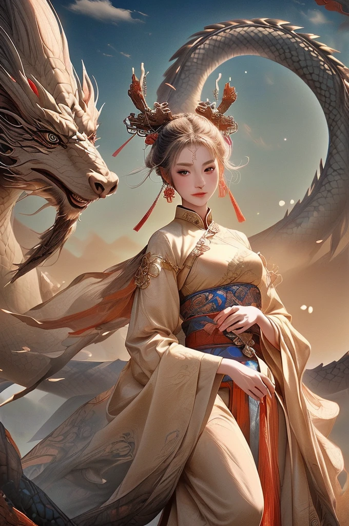 a girl with Eastern dragon, chinese clothes, Dunhuang style, jewelry, earrings, hair ornament, wide sleeves, PIXIV, midjourney portrait, panoramic view, Ultra high saturation, (best quality, masterpiece, Representative work, official art, Professional, 8k:1.3)