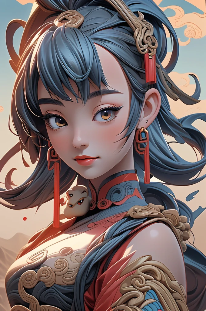 a girl with Eastern dragon, chinese clothes, Dunhuang style, jewelry, earrings, hair ornament, wide sleeves, PIXIV, midjourney portrait, panoramic view, Ultra high saturation, (best quality, masterpiece, Representative work, official art, Professional, 8k:1.3)