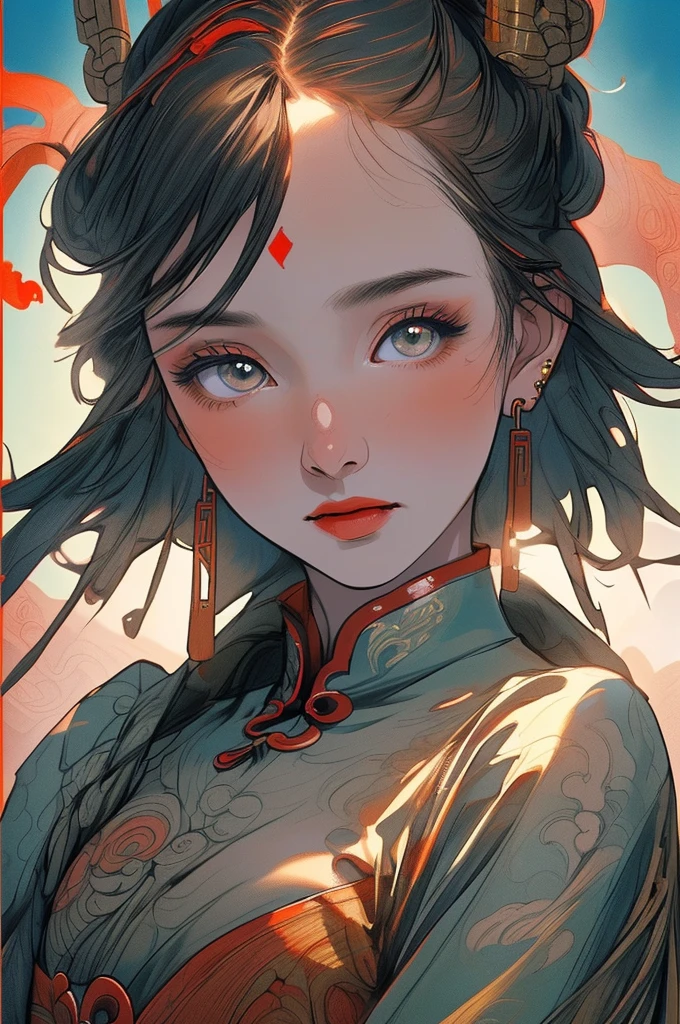 a girl with a Eastern dragon, chinese clothes, Dunhuang style, jewelry, earrings, hair ornament, wide sleeves, PIXIV, midjourney portrait, panoramic view, Ultra high saturation, (best quality, masterpiece, Representative work, official art, Professional, 8k:1.3)