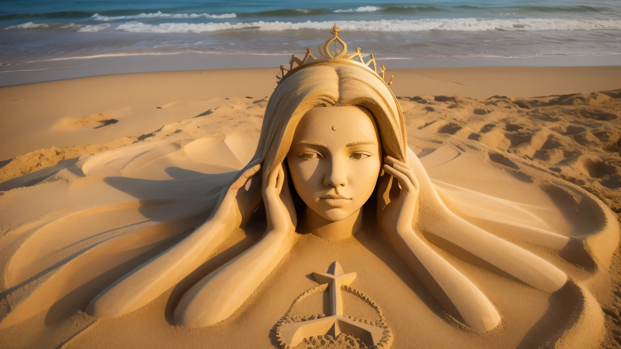 sand sculpture of KIDS GIRL BLONDE 12 years old, portrait, on the beach with a crown of thorns, his body buried in the sand, covered in sand, buried in sand, , sand sculpture, his hands buried in his face, very beautiful masterpiece, beautiful image ever created.