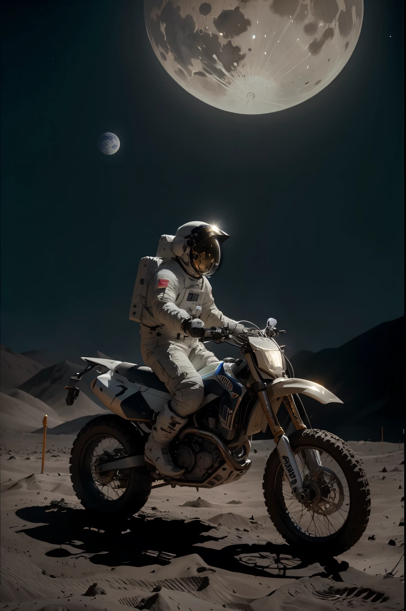 astronaut, out in space, wearing space suit, wearing space helmet, riding dirt bike on flat surface of moon, moon surface, ultra realistic image, cosmos background, universe theme, cosmic background, muddy wheel, space ship crashed and smoked 