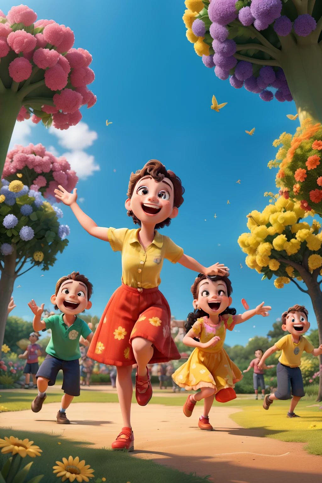 In a lively and vibrant Pixar style scene, set against the backdrop of an 16:9 frame, a group of joyful people come together in a beautiful garden. Their voices harmonize in a delightful symphony of music as they enthusiastically sing, their faces radiant with the pure joy of the moment. Children dance and play among the colorful flowers, while adults smile and clap along to the rhythm. A sense of unity and connection permeates the air, creating a truly enchanting moment.