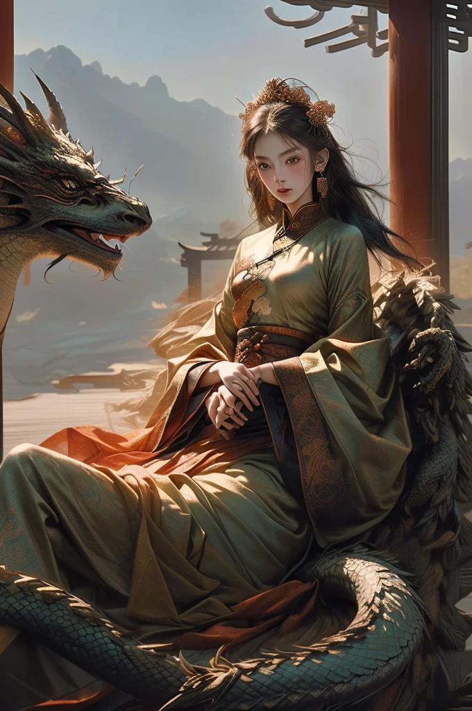 a girl with a Eastern dragon, chinese clothes, Dunhuang style, jewelry, earrings, hair ornament, wide sleeves, PIXIV, midjourney portrait, panoramic view, Ultra high saturation, (best quality, masterpiece, Representative work, official art, Professional, 8k:1.3)
