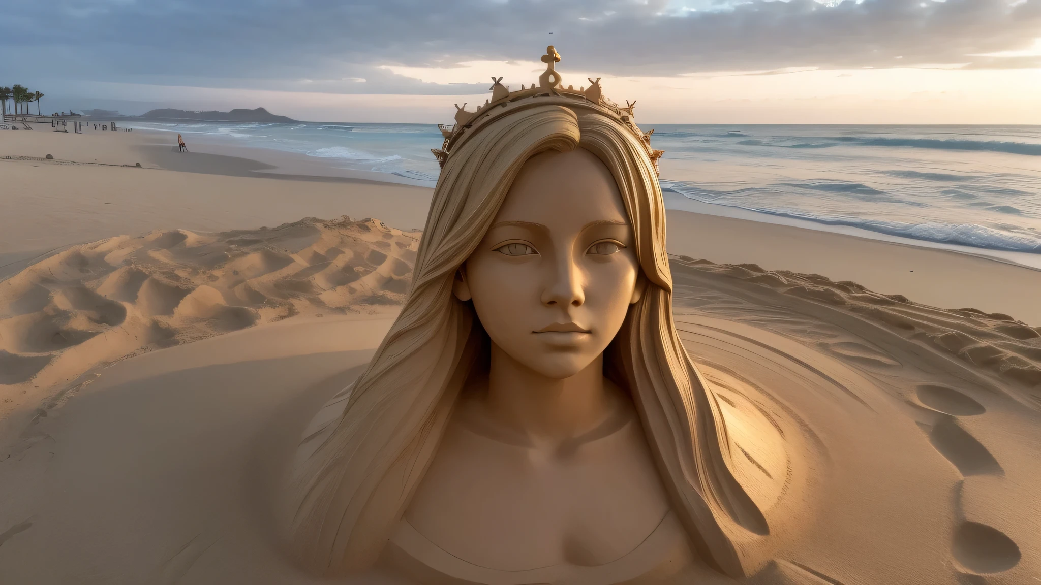 sand sculpture of KIDS GIRL BLONDE 12 years old, portrait, on the beach with a crown of thorns, his body buried in the sand, covered in sand, buried in sand, , sand sculpture, his hands buried in his face, very beautiful masterpiece, beautiful image ever created.