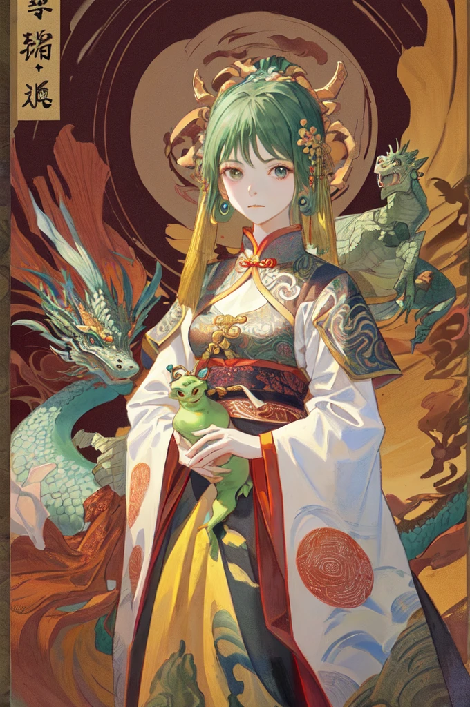 a girl with a Eastern dragon, chinese clothes, Dunhuang style, jewelry, earrings, hair ornament, wide sleeves, PIXIV, midjourney portrait, panoramic view, Ultra high saturation, (best quality, masterpiece, Representative work, official art, Professional, 8k:1.3)