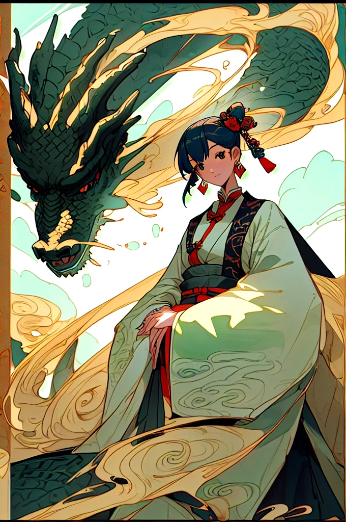 a girl with a Eastern dragon, chinese clothes, Dunhuang style, jewelry, earrings, hair ornament, wide sleeves, PIXIV, midjourney portrait, panoramic view, Ultra high saturation, (best quality, masterpiece, Representative work, official art, Professional, 8k:1.3)