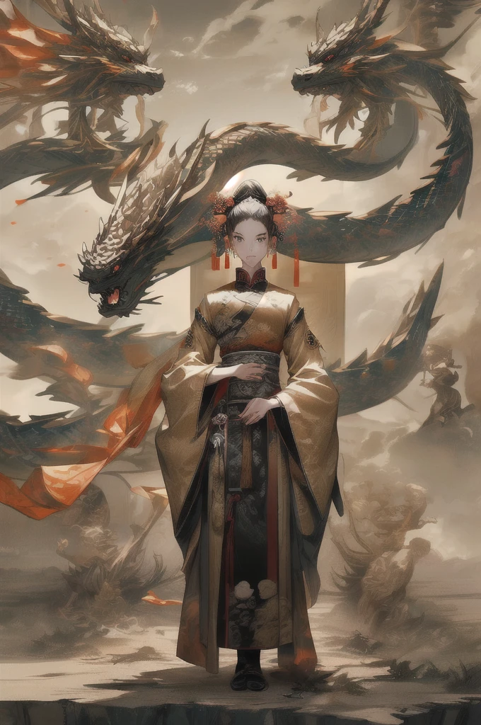 a girl with a Eastern dragon, chinese clothes, Dunhuang style, jewelry, earrings, hair ornament, wide sleeves, PIXIV, midjourney portrait, panoramic view, Ultra high saturation, (best quality, masterpiece, Representative work, official art, Professional, 8k:1.3)
