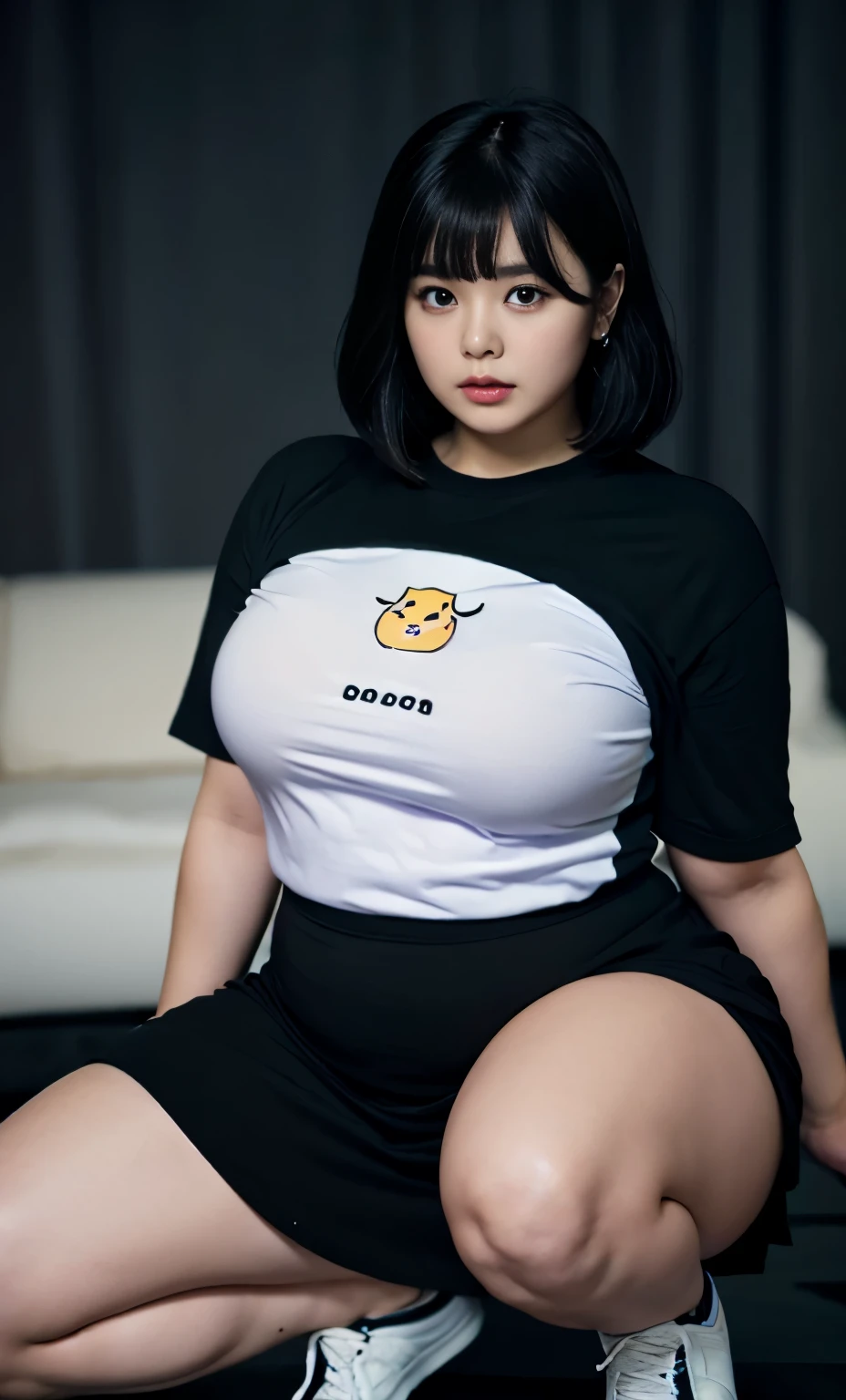 A beautiful beauty, long black hair, big eyes, round face, dress, tight purple skirt, sneakers , slightly fat, plump and sexy, delicate facial features, on the black room, black grass and words, dark room, HD, high quality, the best picture quality, chubby body, bob haircut