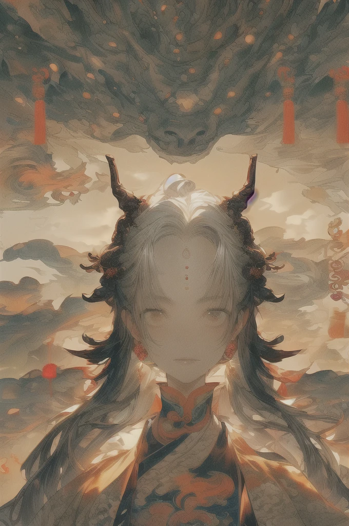a girl with a Eastern dragon, chinese clothes, Dunhuang style, jewelry, earrings, hair ornament, wide sleeves, PIXIV, midjourney portrait, panoramic view, Ultra high saturation, (best quality, masterpiece, Representative work, official art, Professional, 8k:1.3)