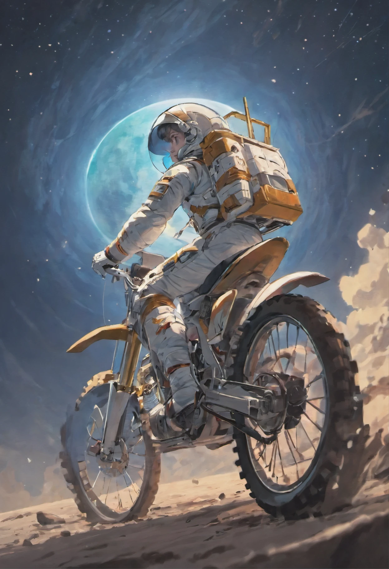 astronaut, out in space, wearing space suit, wearing space helmet, riding dirt bike on flat surface of moon, moon surface, ultra realistic image, cosmos background, universe theme, cosmic background, muddy wheel, space ship crashed and smoked, cosmic void in background