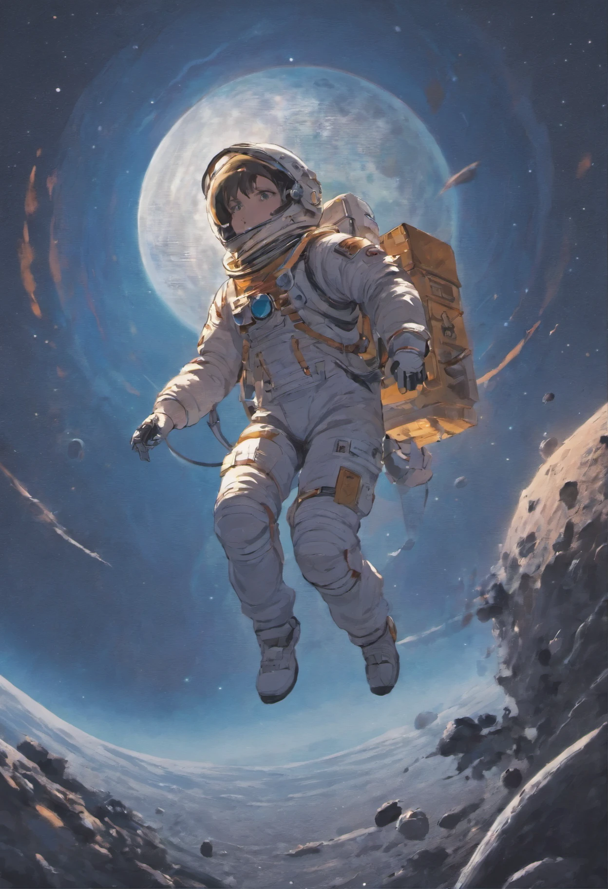 astronaut, out in space, wearing space suit, wearing space helmet, riding dirt bike on flat surface of moon, moon surface, ultra realistic image, cosmos background, universe theme, cosmic background, muddy wheel, space ship crashed and smoked, cosmic void in background