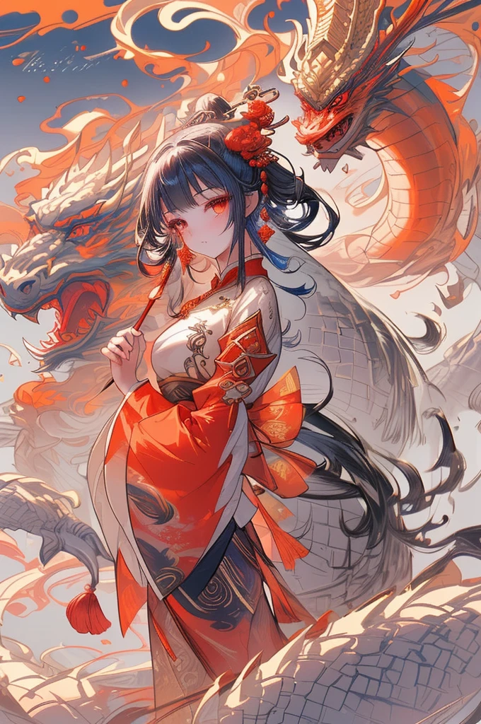 a girl with a Eastern dragon, chinese clothes, Dunhuang style, jewelry, earrings, hair ornament, wide sleeves, PIXIV, midjourney portrait, panoramic view, Ultra high saturation, (best quality, masterpiece, Representative work, official art, Professional, 8k:1.3)