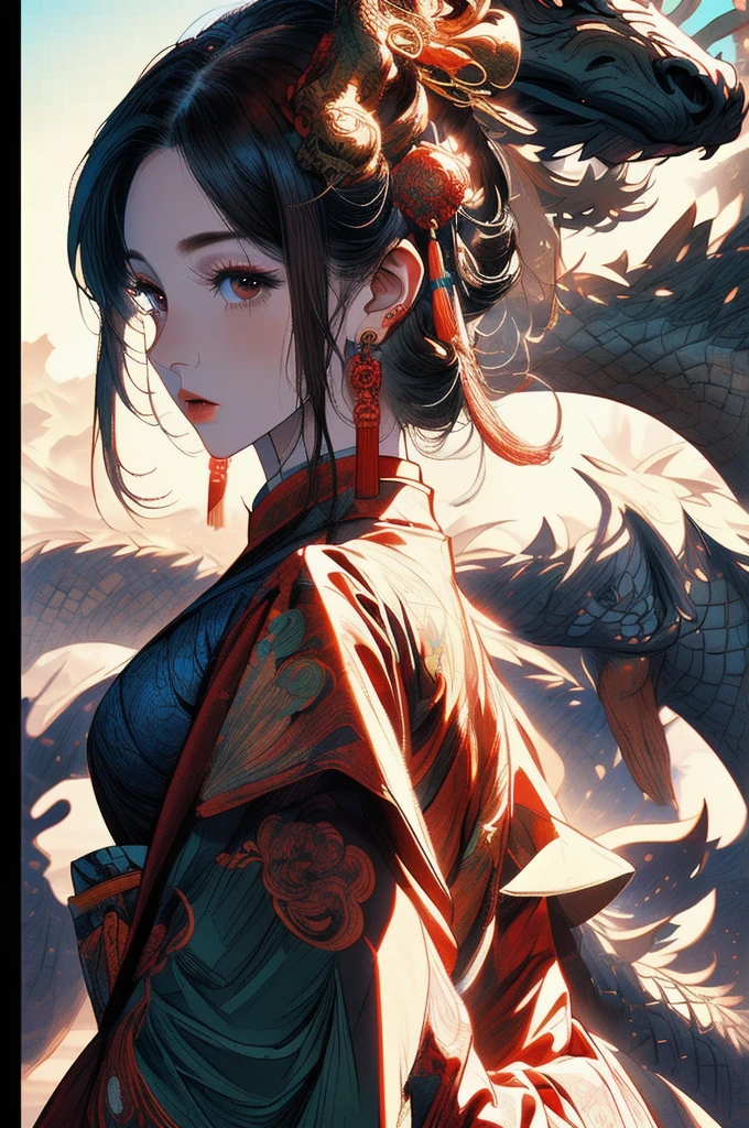 a girl with a Eastern dragon, chinese clothes, Dunhuang style, jewelry, earrings, hair ornament, wide sleeves, PIXIV, midjourney portrait, panoramic view, Ultra high saturation, (best quality, masterpiece, Representative work, official art, Professional, 8k:1.3)