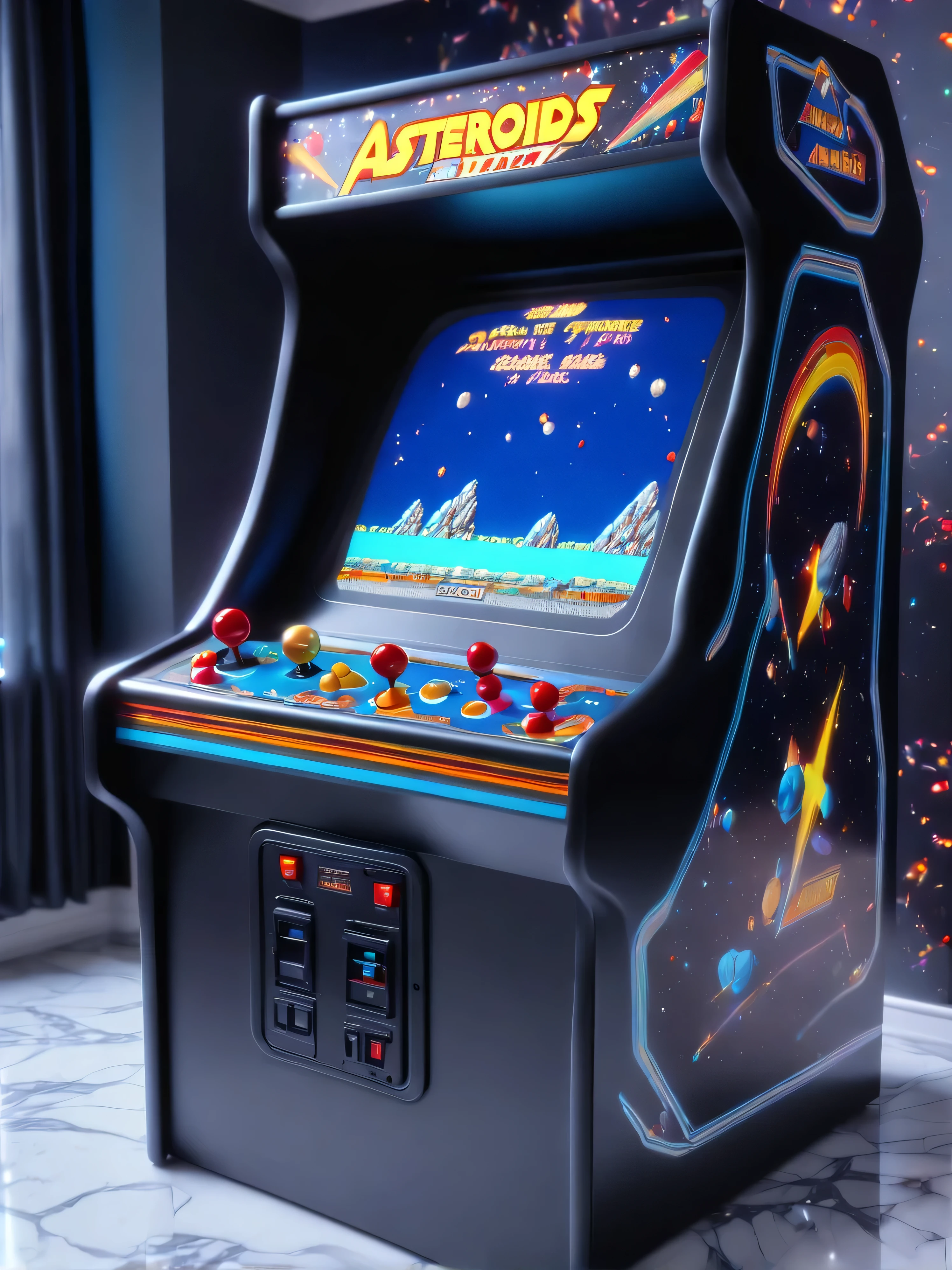 (masterpiece, best quality:1.2), a 1979 retro "ASTEROIDS" arcade, perfectly restored to it's original condition, black cabinet with (thin white (outlines of asteroids:1.1)), (dark CRT screen (hyperrealistic)), fully functional with perfect white decals, lit CRT screen showing Asteroids, sitting on a white ((marble floor)), soft coloured spotlights illuminating the cabinet highlighting all it's retro classic 8bit nostalgic beauty, (dark arcade game room), dramatic atmosphere, perfect composition, ultrahigh detail, UHD, 8k wallpaper, octane render 