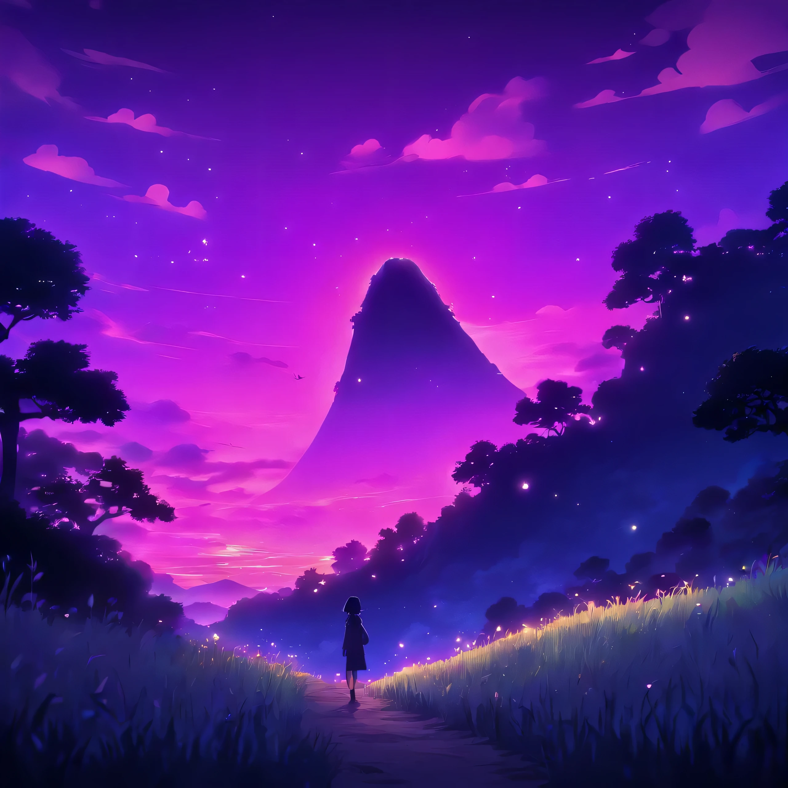 a small , standing, hill, field, evening, dark night, purple tones, vector style, minimalist, fantasy style, animation style, disney style, hd, high resolution