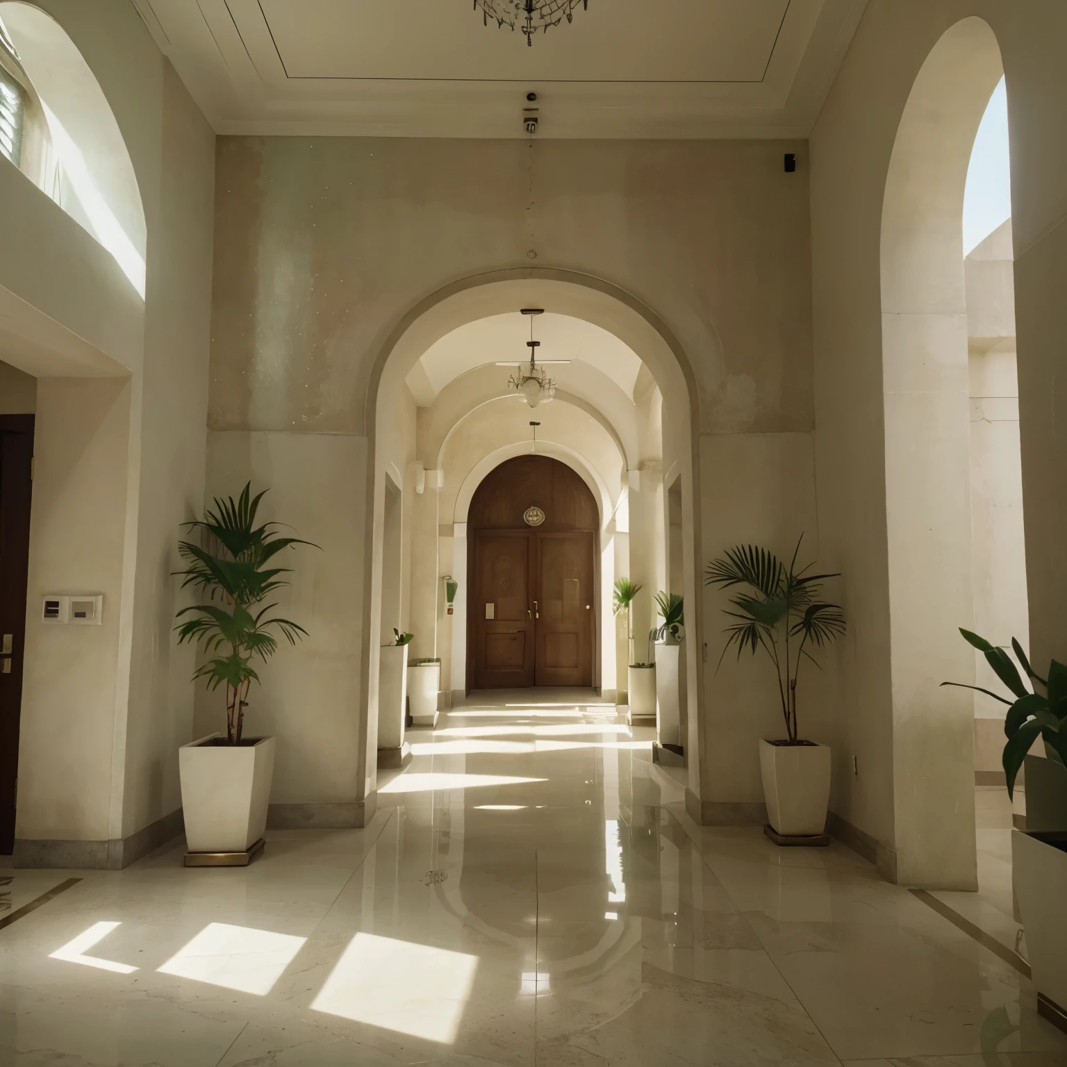 ‏Masterpiece, highest quality, HD, 8k, hotel lobby, minimal chandeliers, cream concrete,, murals in different colors, bright colors, arch, sunlight, early morning sun, green plants outside, fresh air